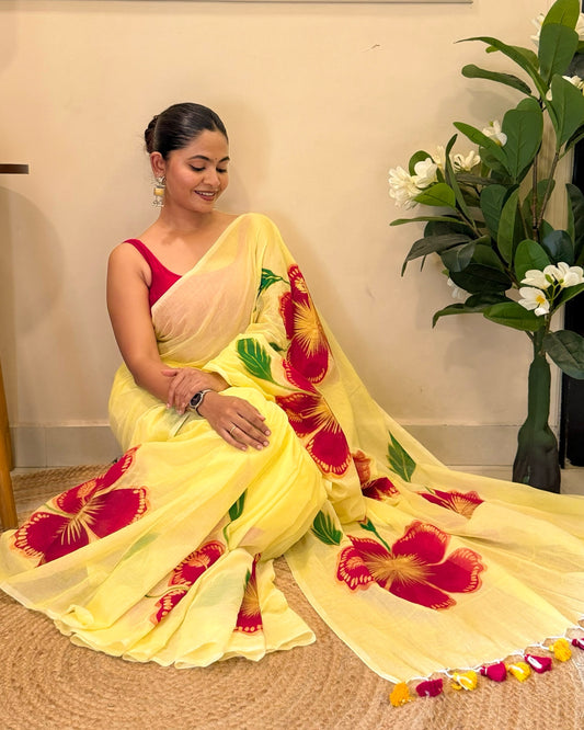 Peetambari (Handpainted Yellow Mulmul Saree)