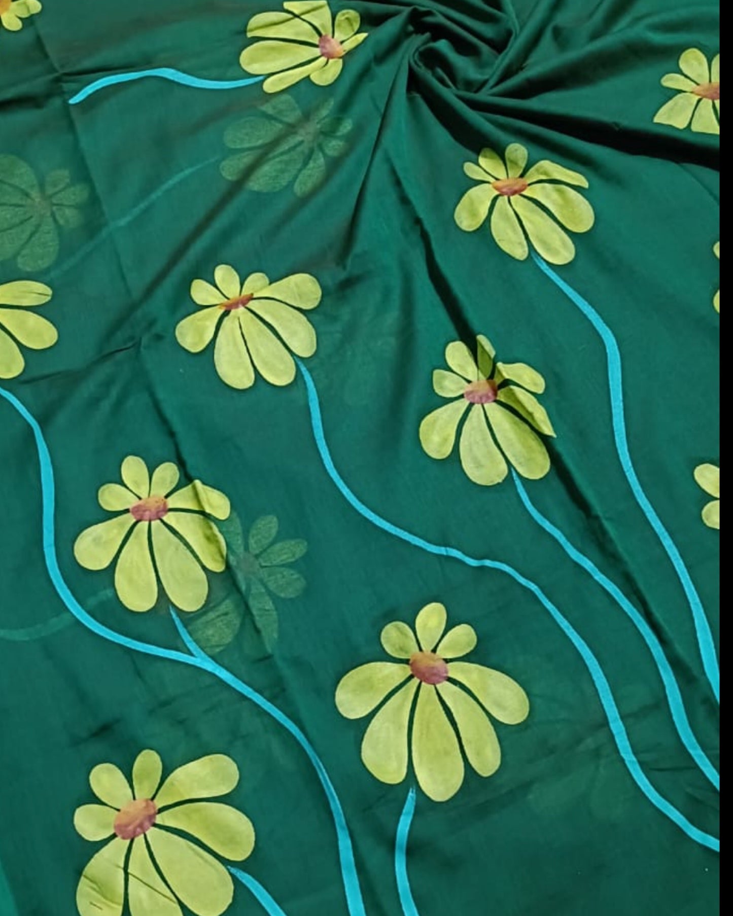 Soft and comfortable light weight dual tone emerald green mulmul cotton saree with floral hand painting good for day time wear