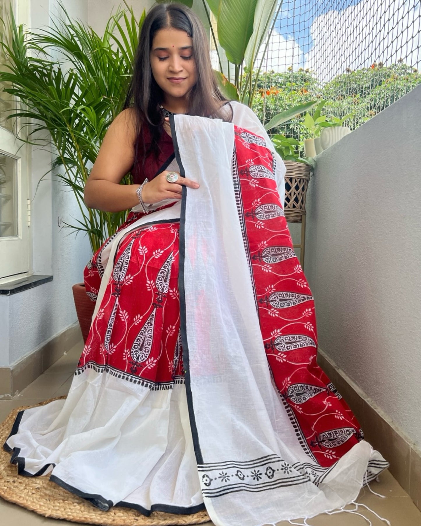 Soft and Comfortable Durga Puja Navaratri Red and White Mulmul block printed Cotton Saree Collection