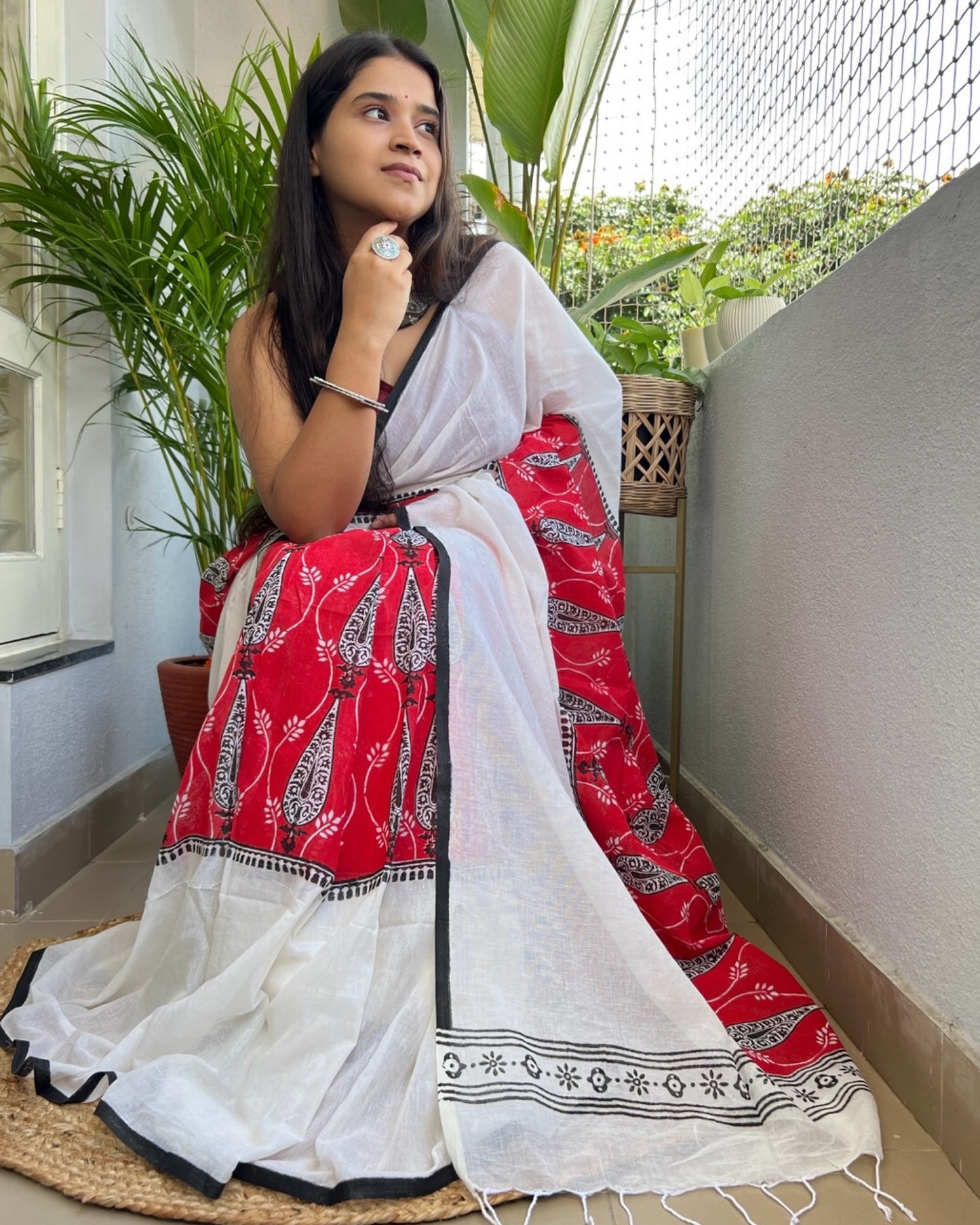 Soft and Comfortable Durga Puja Navaratri Red and White Mulmul block printed Cotton Saree Collection