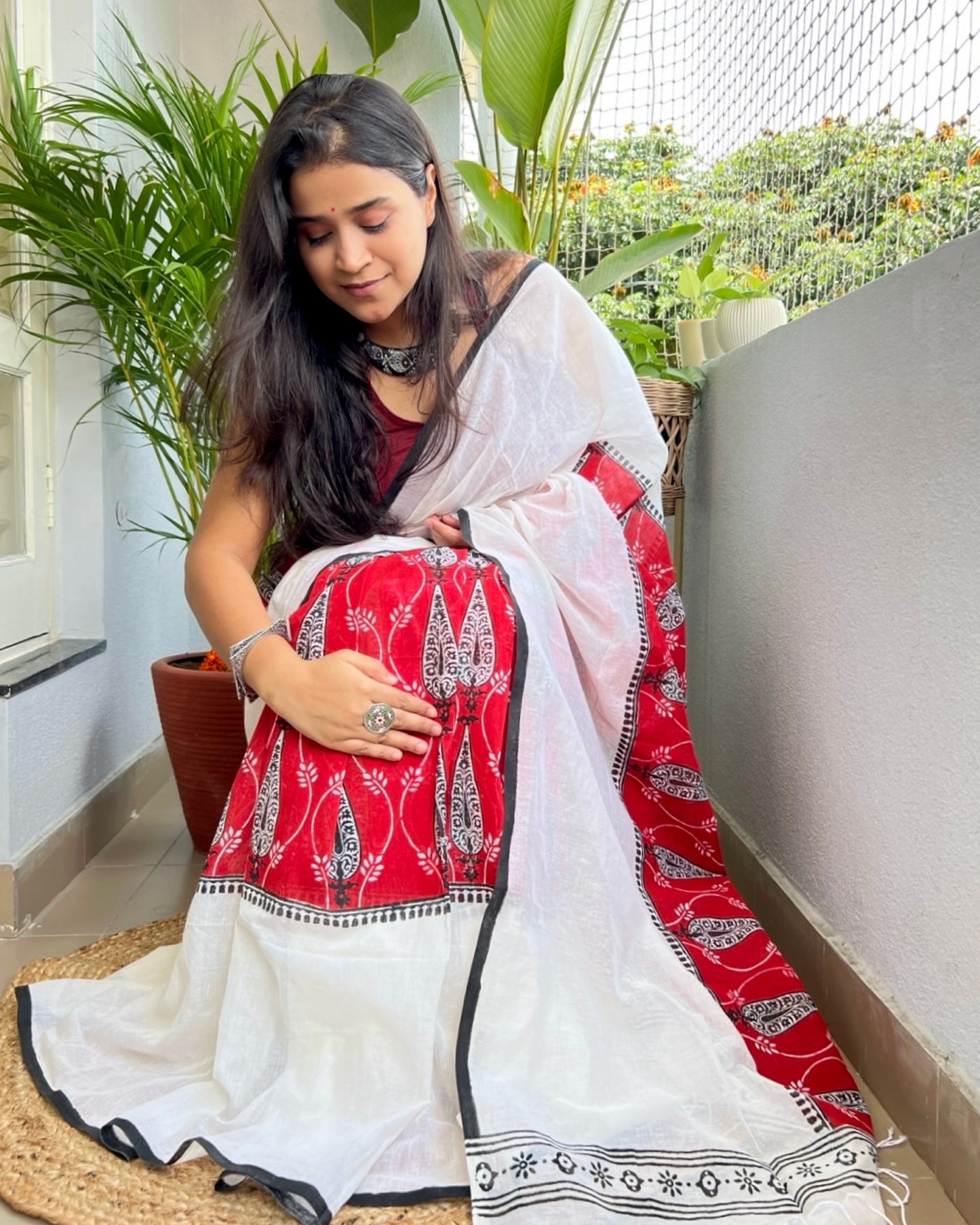 Soft and Comfortable Durga Puja Navaratri Red and White Mulmul block printed Cotton Saree Collection