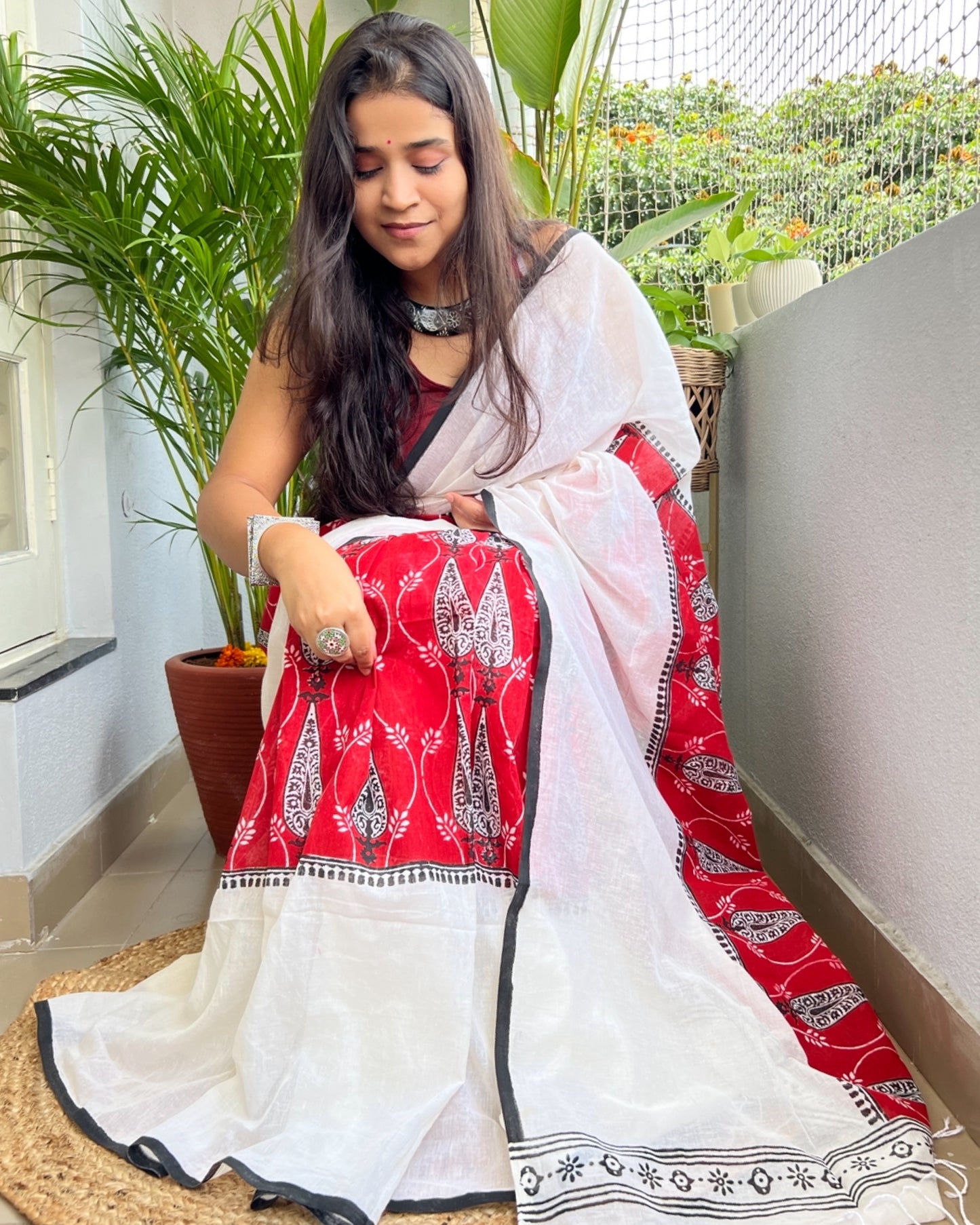 Soft and Comfortable Durga Puja Navaratri Red and White Mulmul block printed Cotton Saree Collection