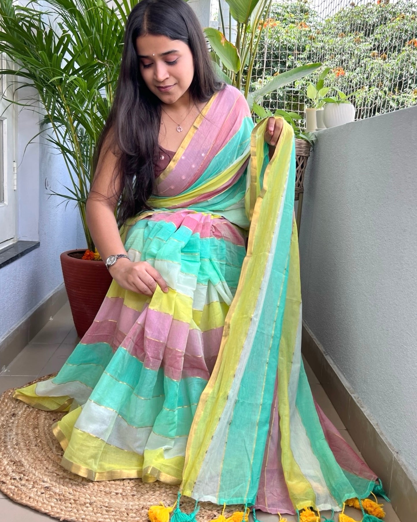Multicolor mulmul festive silver border soft cotton saree