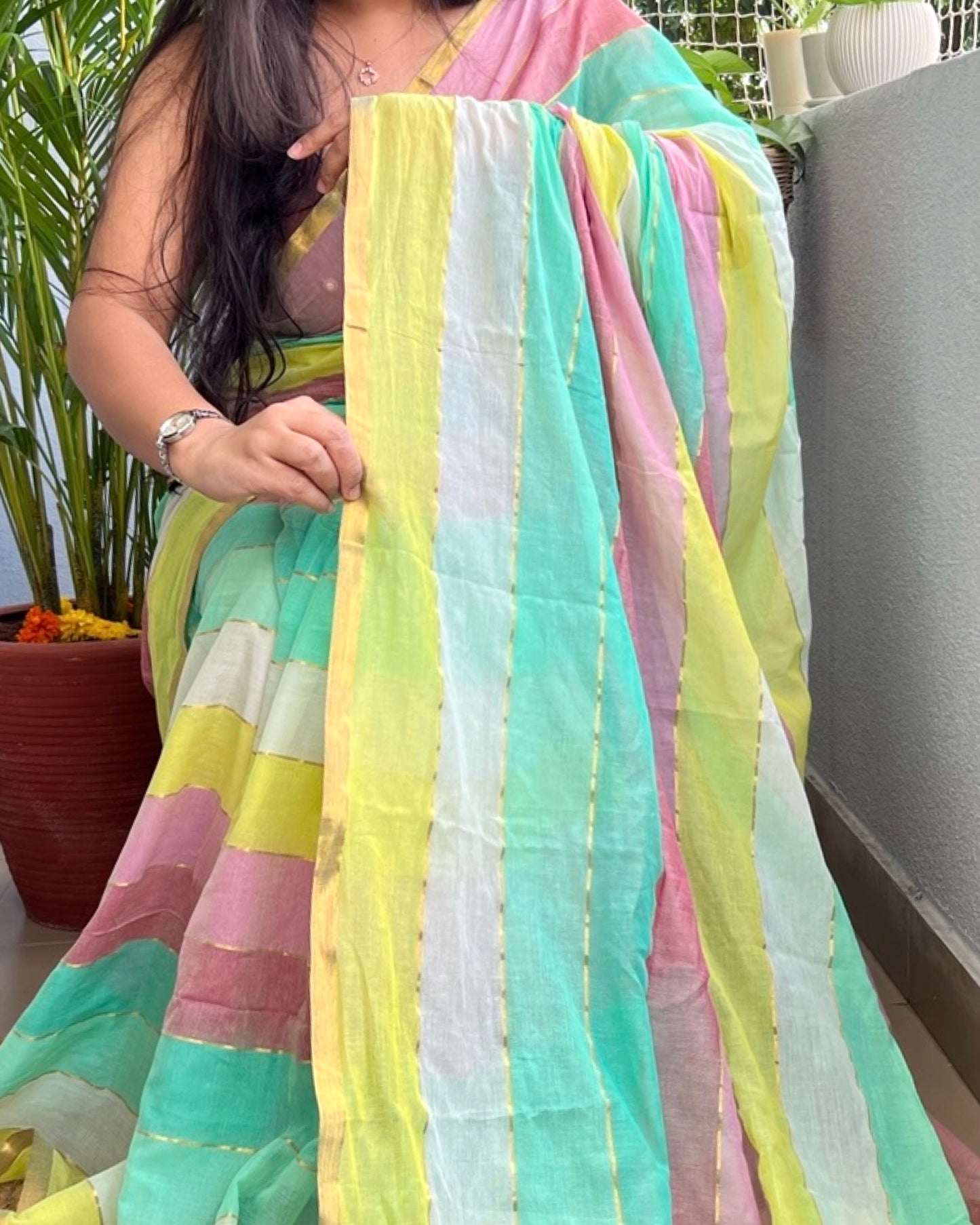 Multicolor mulmul festive silver border soft cotton saree
