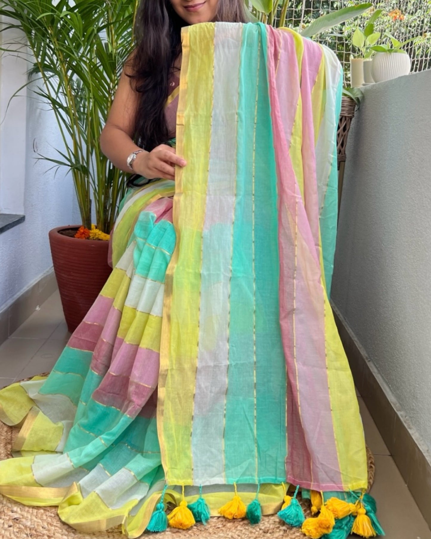 Multicolor mulmul festive silver border soft cotton saree