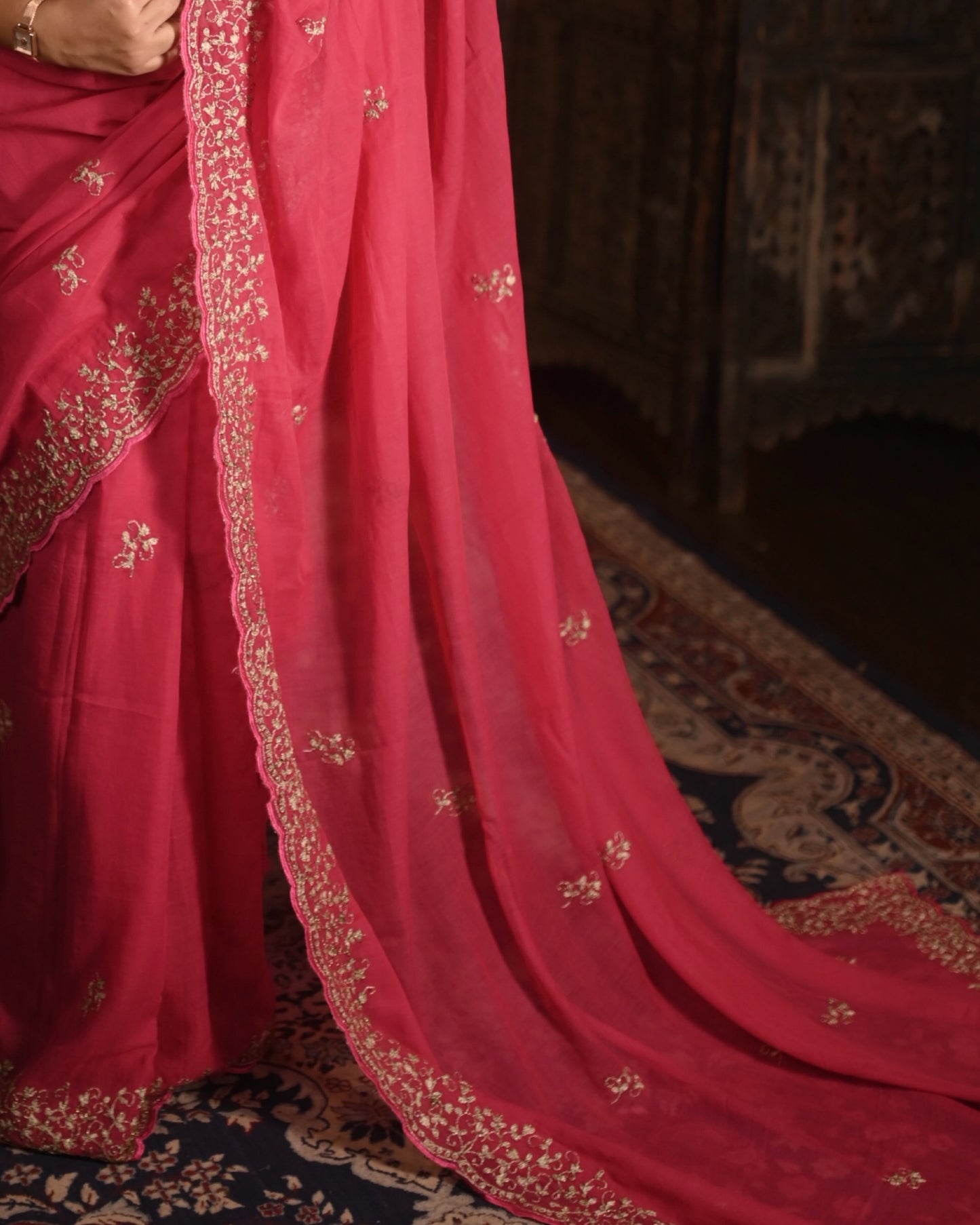 Soft and Comfortable fuchsia pink zari embroidered mulmul cotton saree