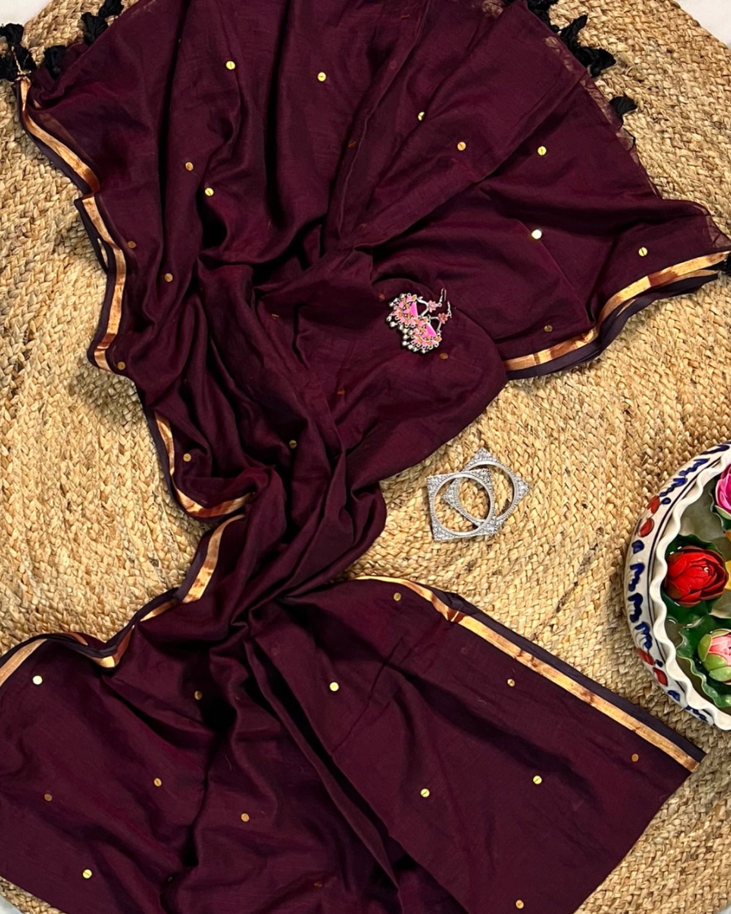 Soft and Comfortable mulmul cotton saree in powder magenta maroon with golden sequin emblishment for festive or party wear at reasonable price