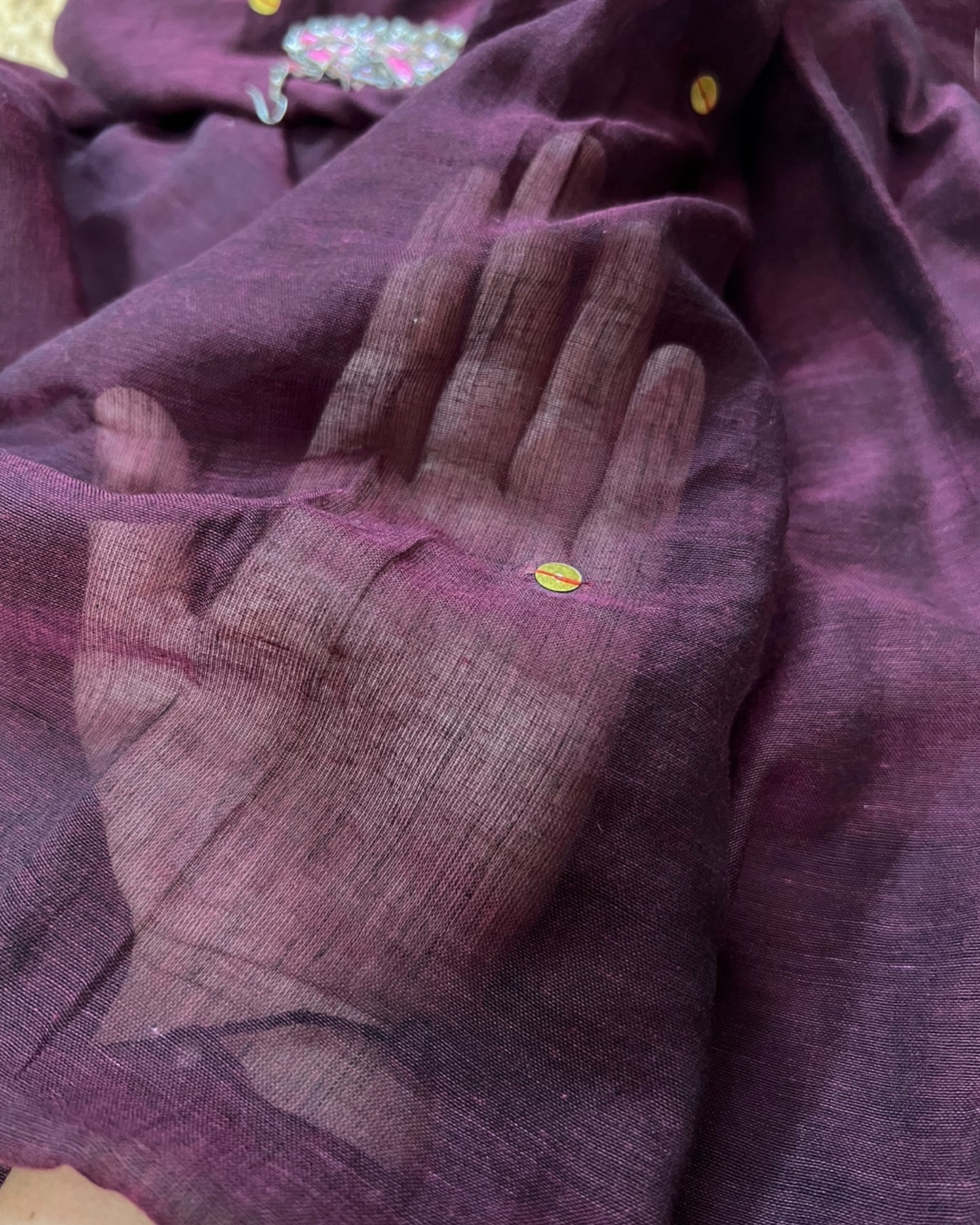 Soft and Comfortable mulmul cotton saree in powder magenta maroon with golden sequin emblishment for festive or party wear at reasonable price