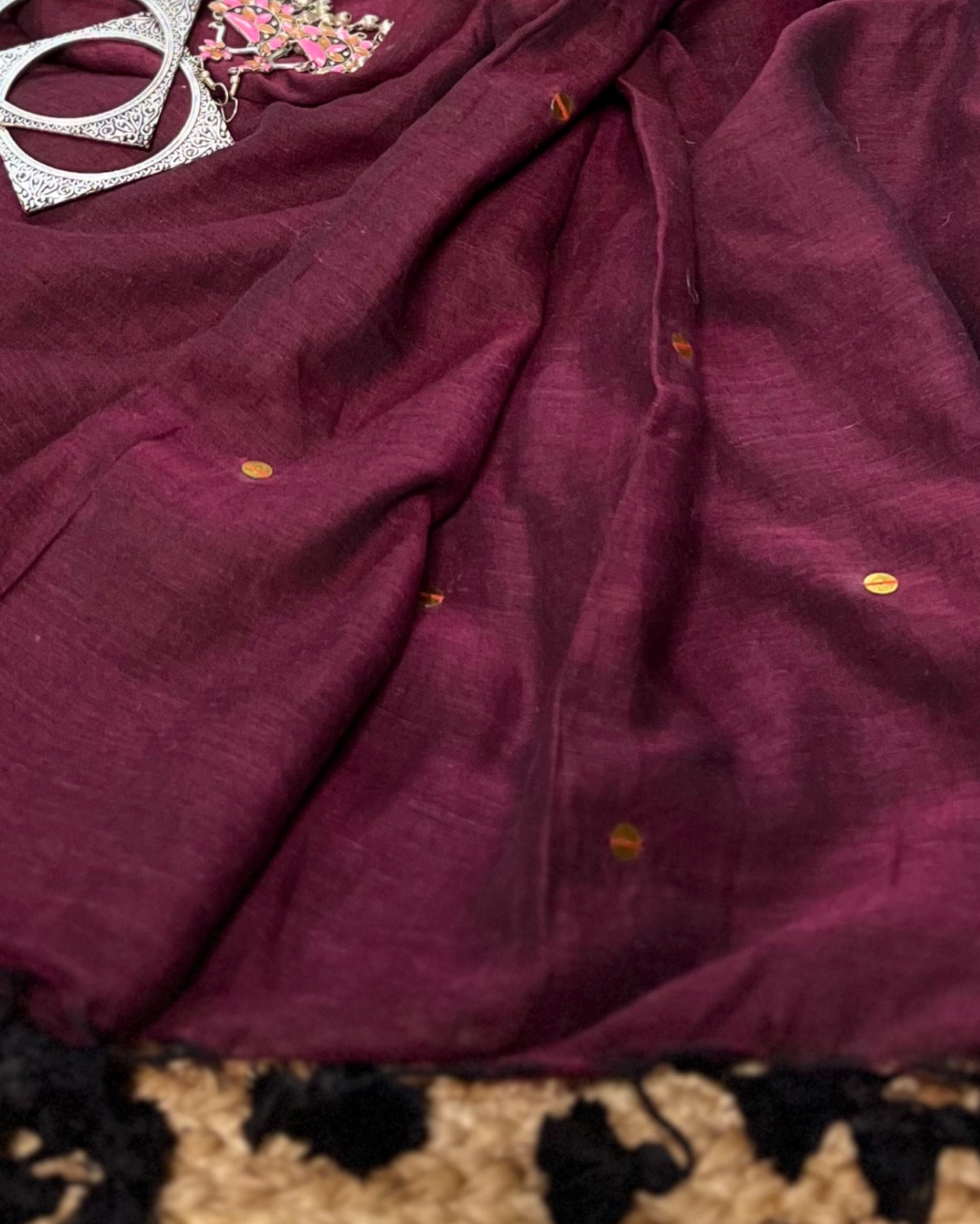 Soft and Comfortable mulmul cotton saree in powder magenta maroon with golden sequin emblishment for festive or party wear at reasonable price