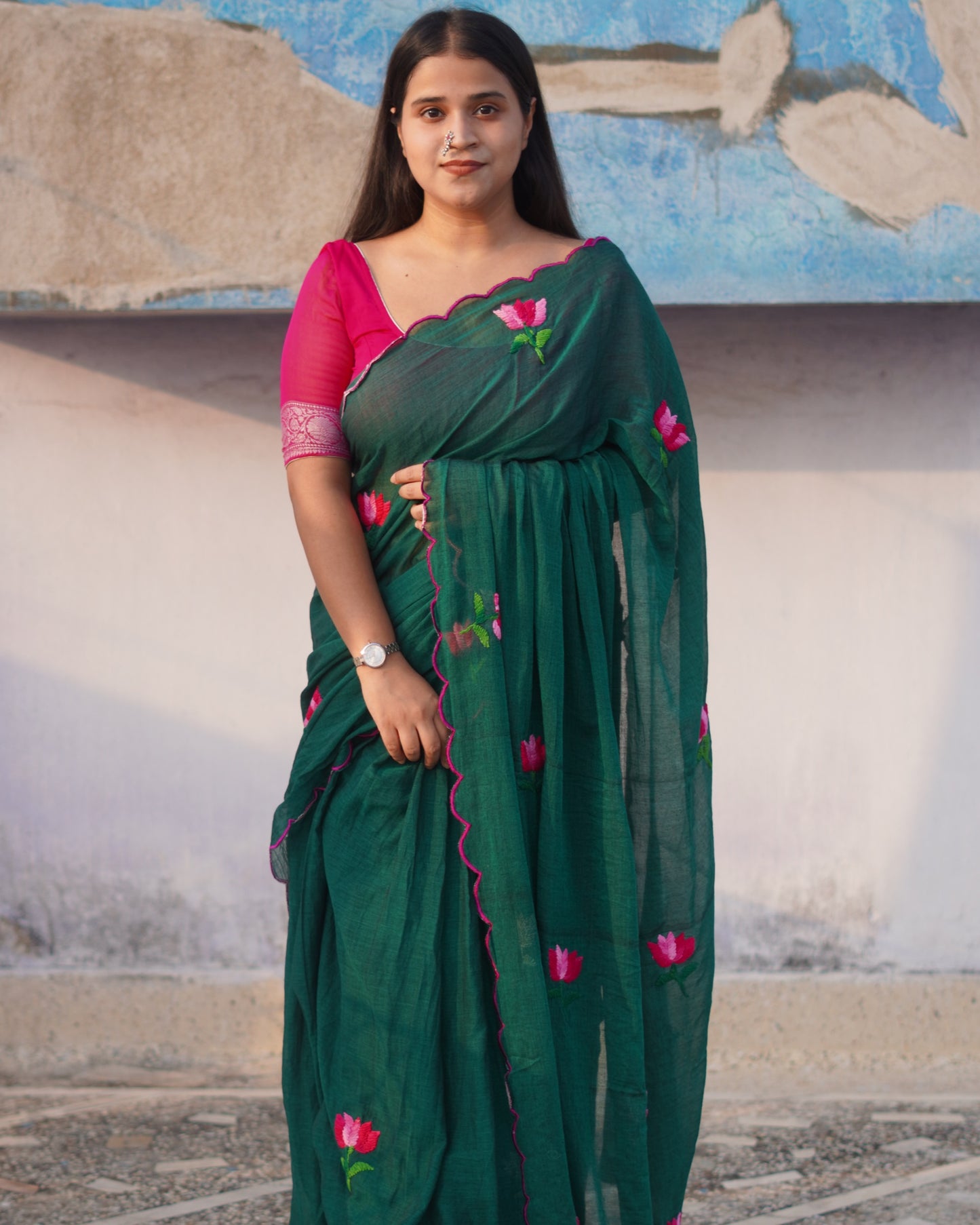 Soft and comfortable light weight emerald dark green mulmul cotton saree with lotus hand embroidery good for day time wear