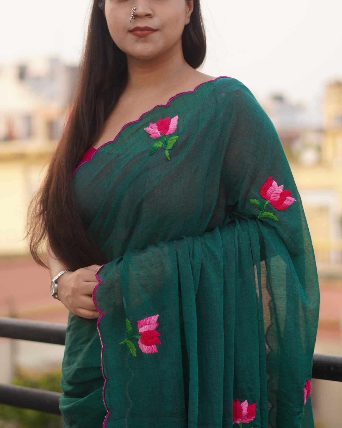 Soft and comfortable light weight emerald dark green mulmul cotton saree with lotus hand embroidery good for day time wear