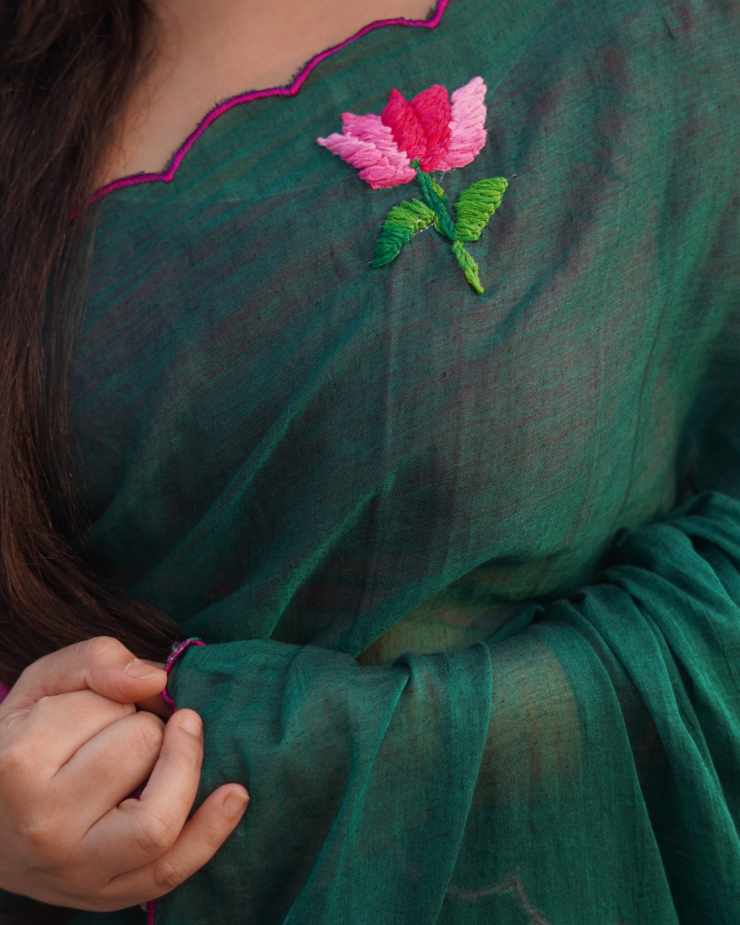 Soft and comfortable light weight emerald dark green mulmul cotton saree with lotus hand embroidery good for day time wear