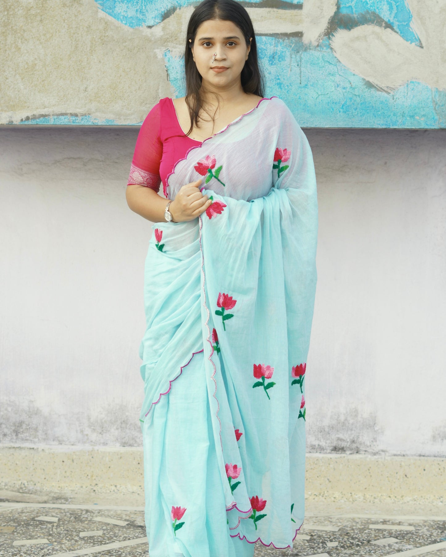 Soft and comfortable light weight sea green mulmul cotton saree with lotus hand embroidery good for day time wear