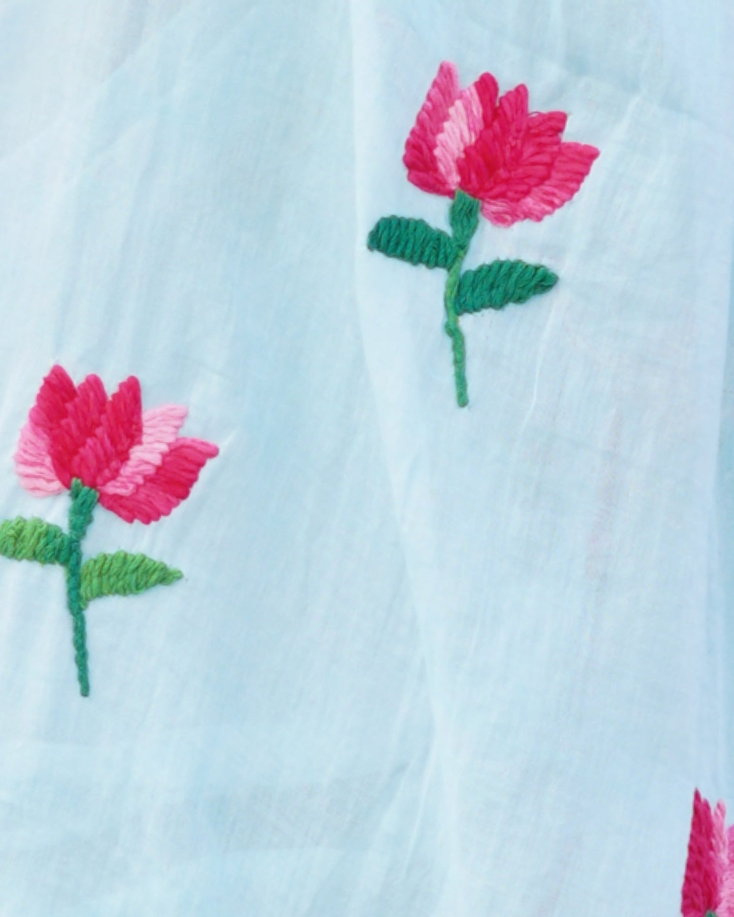 Soft and comfortable light weight sky blue mulmul cotton saree with lotus hand embroidery good for day time wear