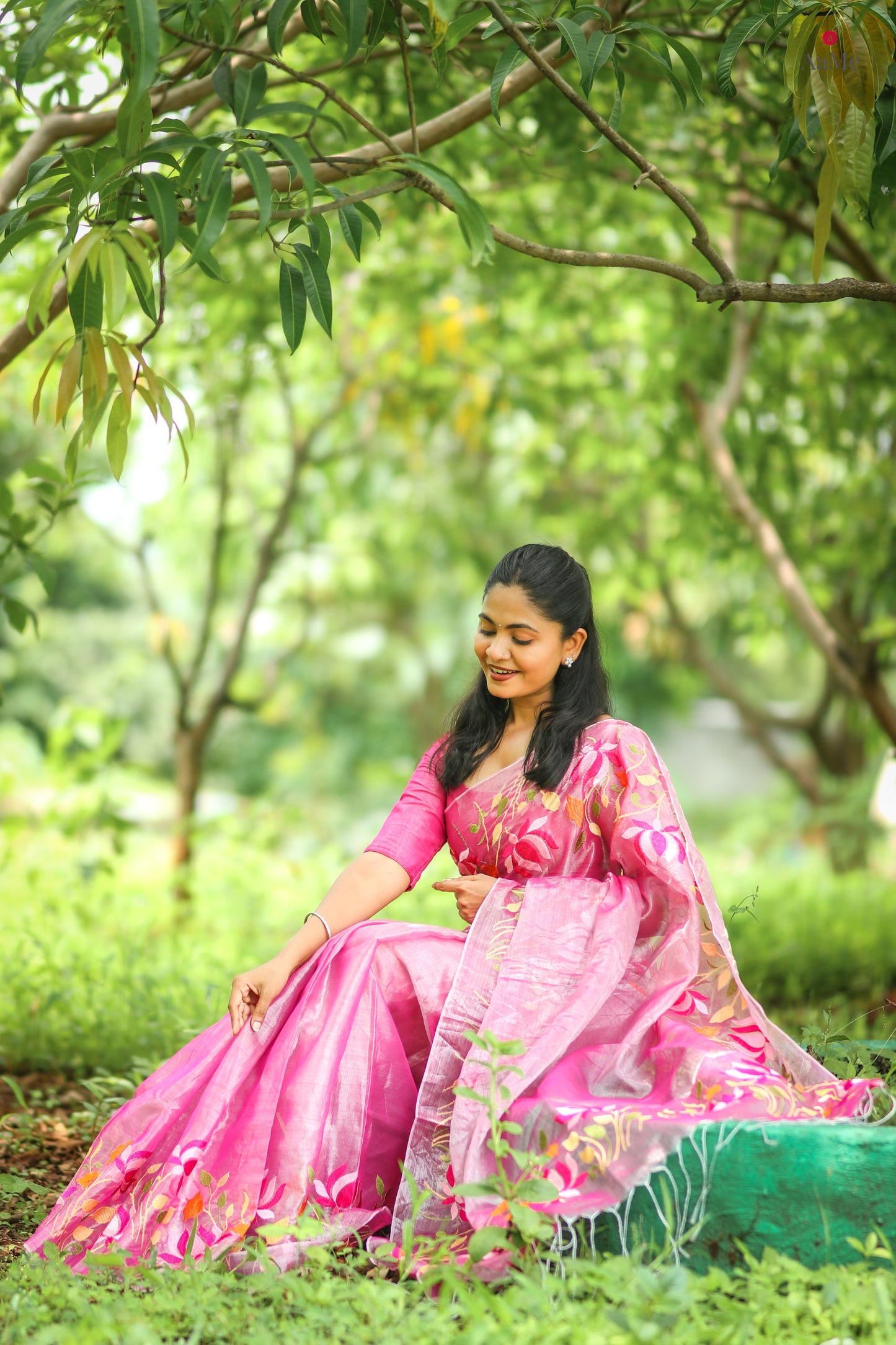 Silver Pink viral tissue saree with floral embroidery orange and pink