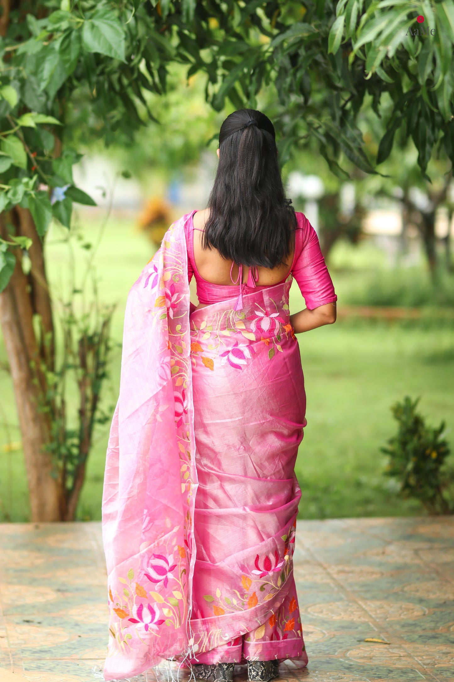 Silver Pink viral tissue saree with floral embroidery orange and pink