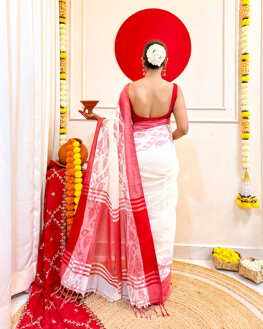 Laal Sada Durga Pujo Saree, Lal Paar Sada , Jamdani cotton saree, Red, White