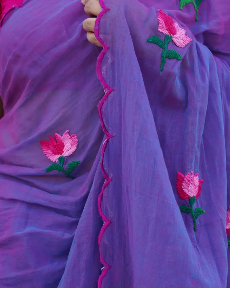 Soft and comfortable light weight purple violet pink dual tone mulmul cotton saree with lotus hand embroidery good for day time wear