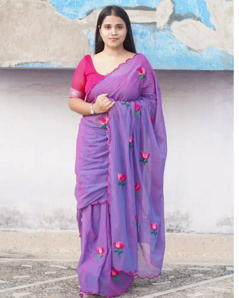 Soft and comfortable light weight purple violet pink dual tone mulmul cotton saree with lotus hand embroidery good for day time wear