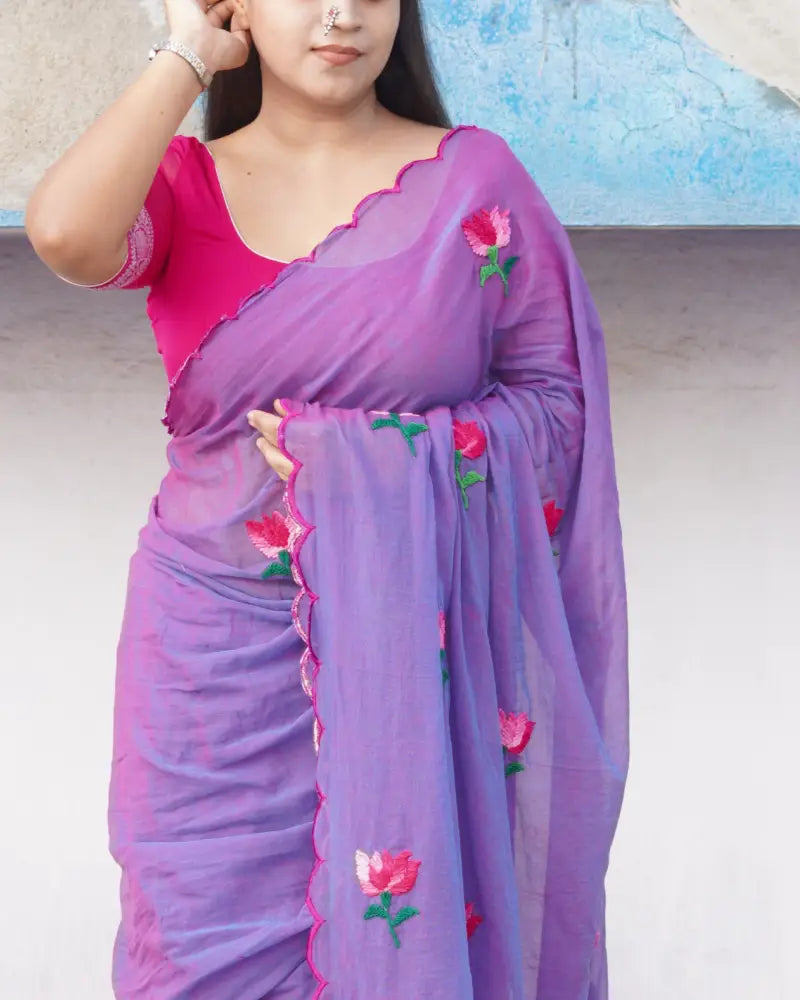 Soft and comfortable light weight purple violet pink dual tone mulmul cotton saree with lotus hand embroidery good for day time wear