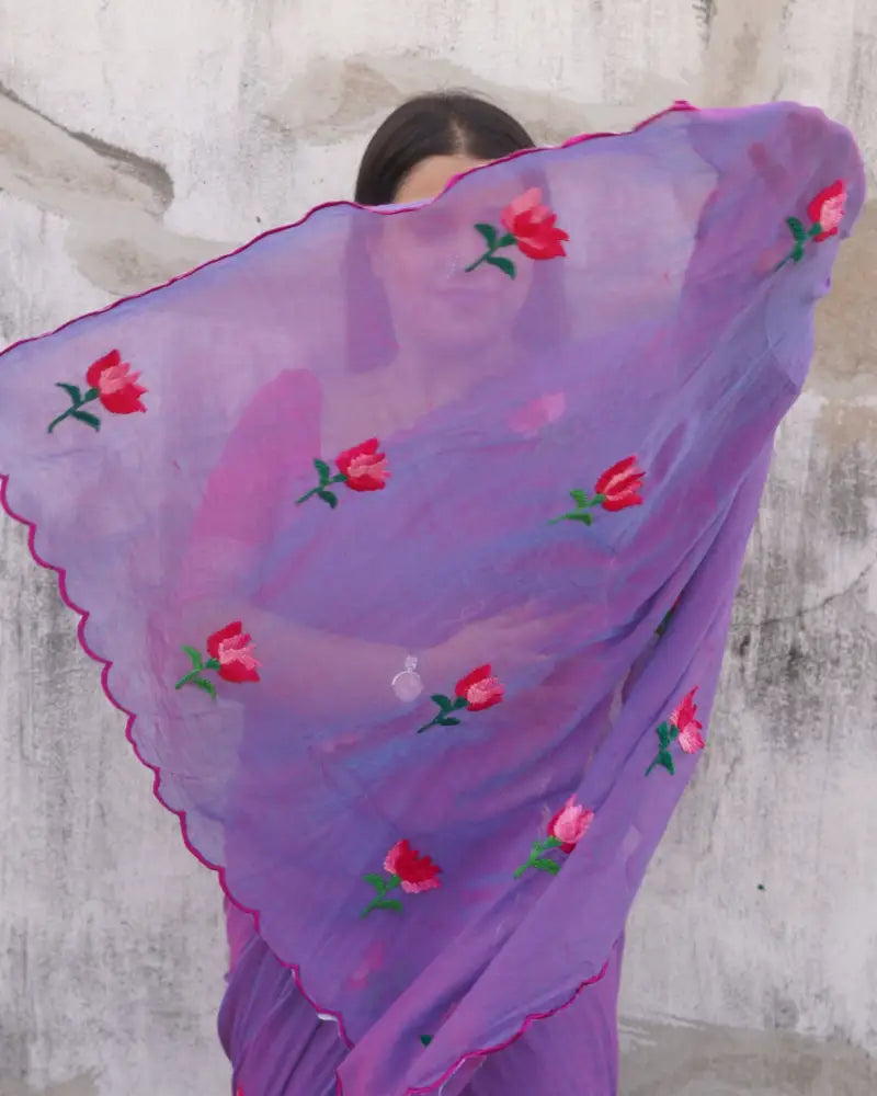 Soft and comfortable light weight purple violet pink dual tone mulmul cotton saree with lotus hand embroidery good for day time wear