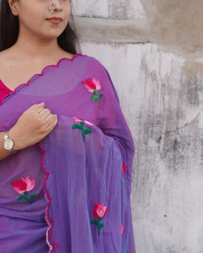 Soft and comfortable light weight purple violet pink dual tone mulmul cotton saree with lotus hand embroidery good for day time wear