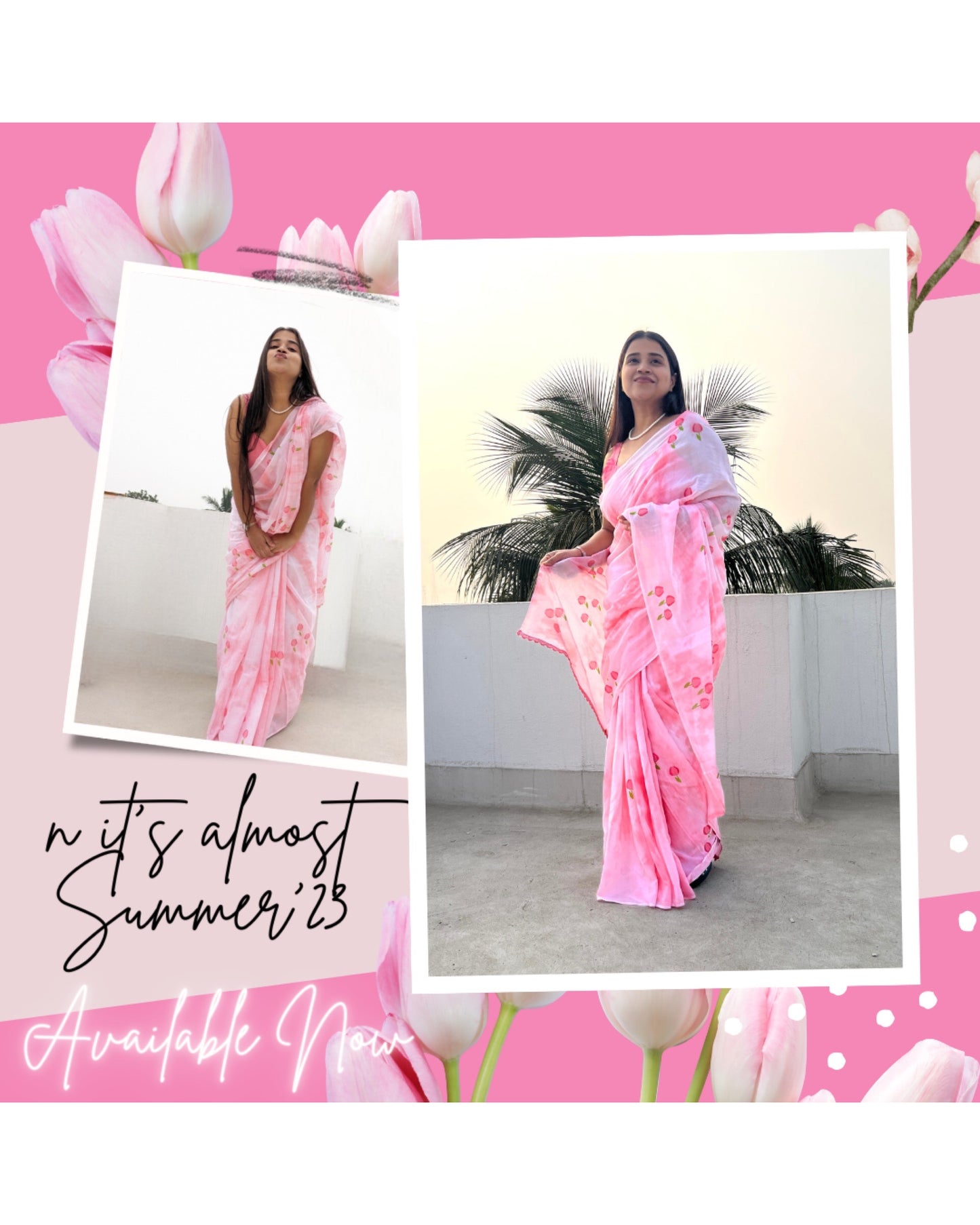 Pink Berry Blossom Mulmul cotton Summer Saree - New Collection