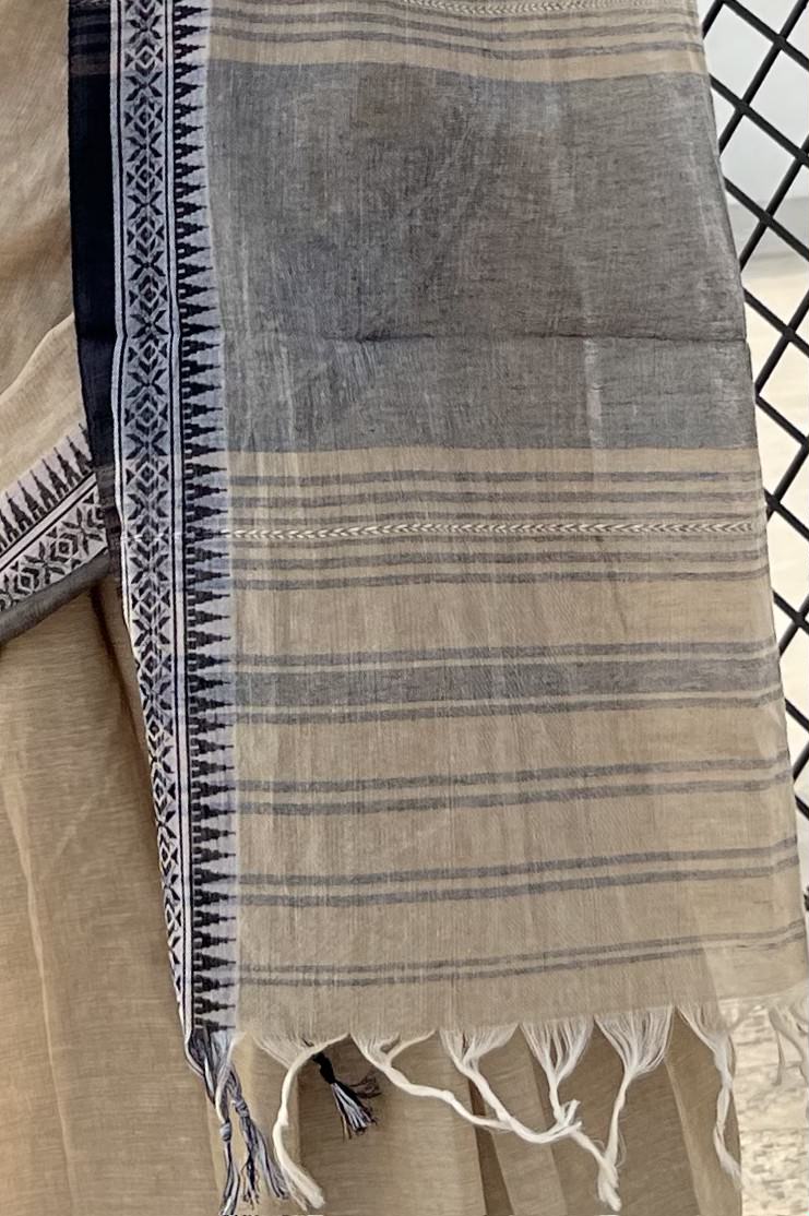 Beige - Black cotton Dhaniakhali handloom saree new collection