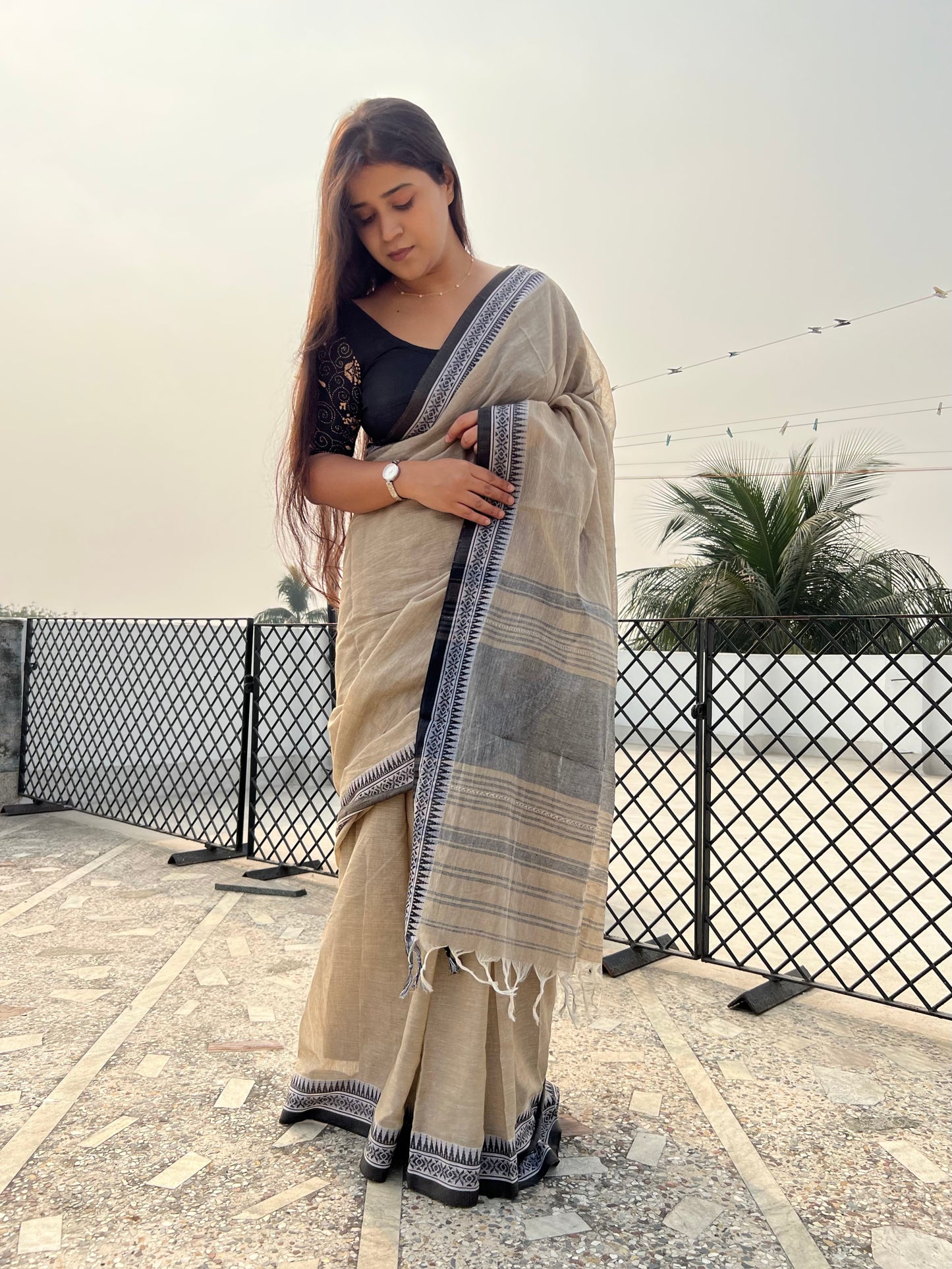 Beige - Black cotton Dhaniakhali handloom saree new collection