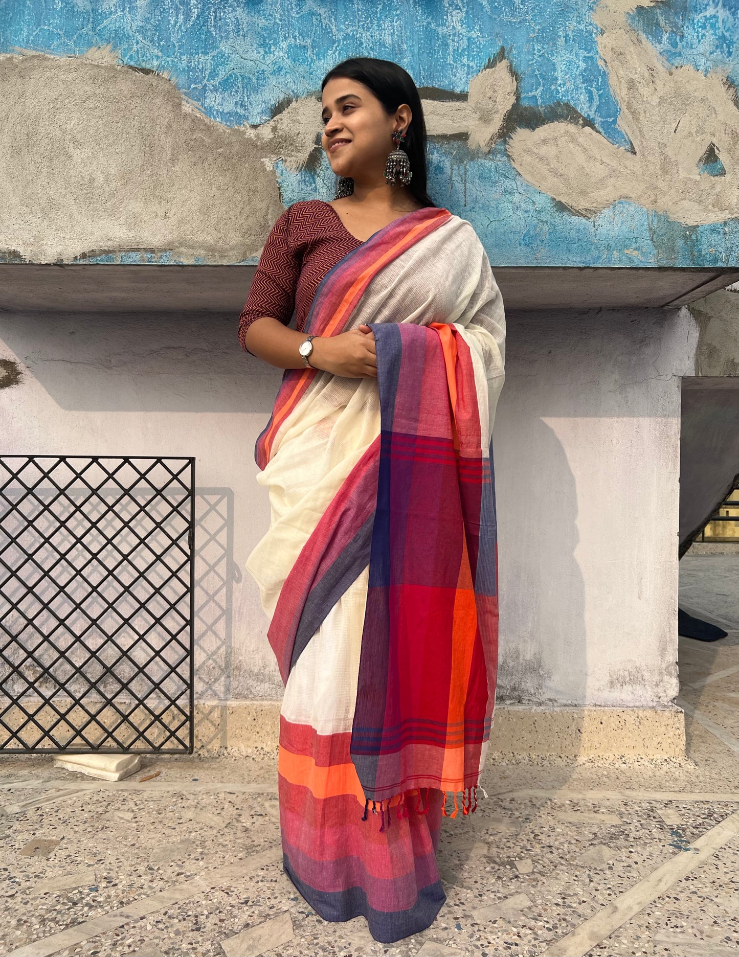 White striped-multicolour border soft and comfortable Khadi cotton saree