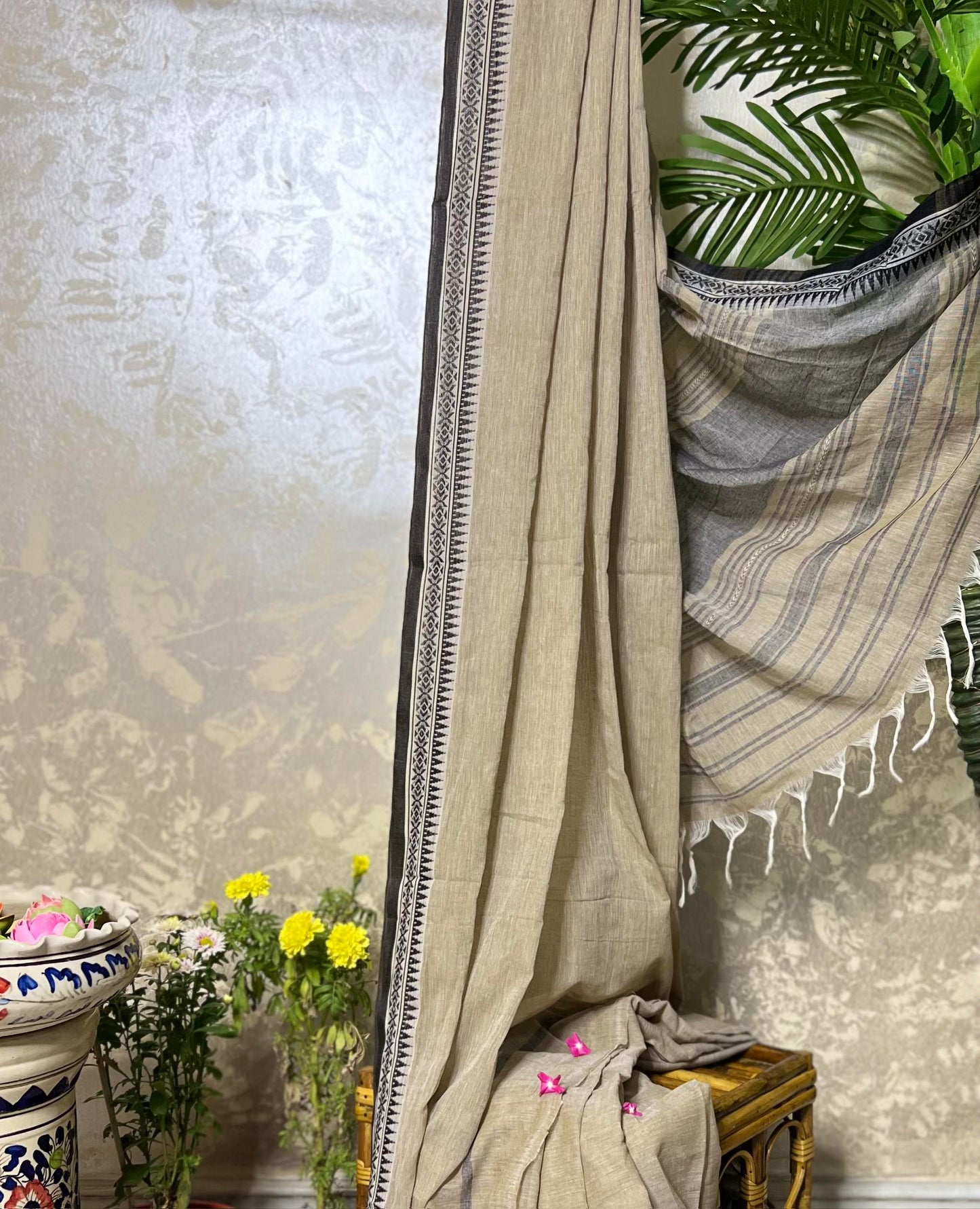 Beige - Black cotton Dhaniakhali handloom saree new collection