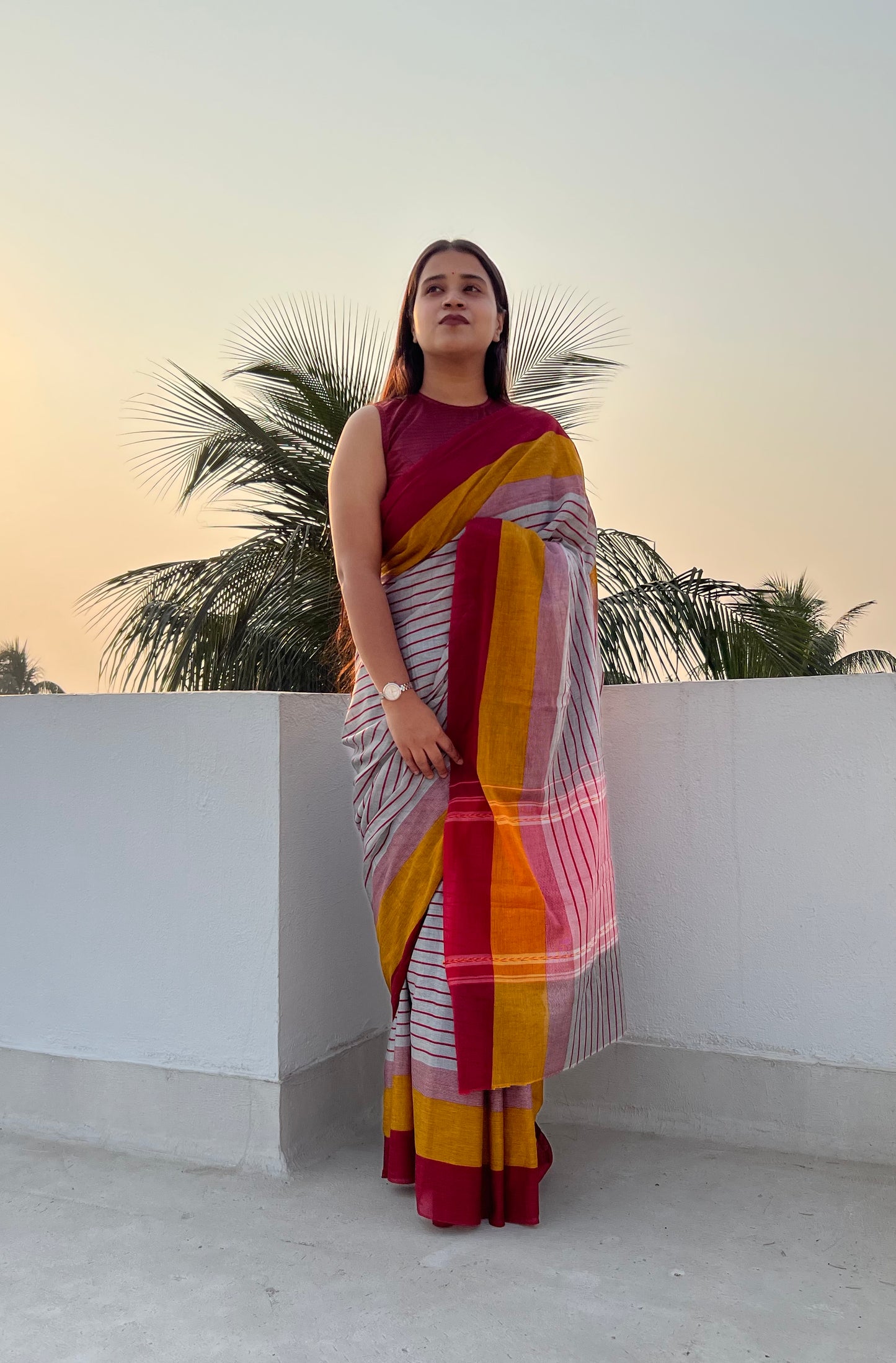 Grey yellow red cotton handloom saree