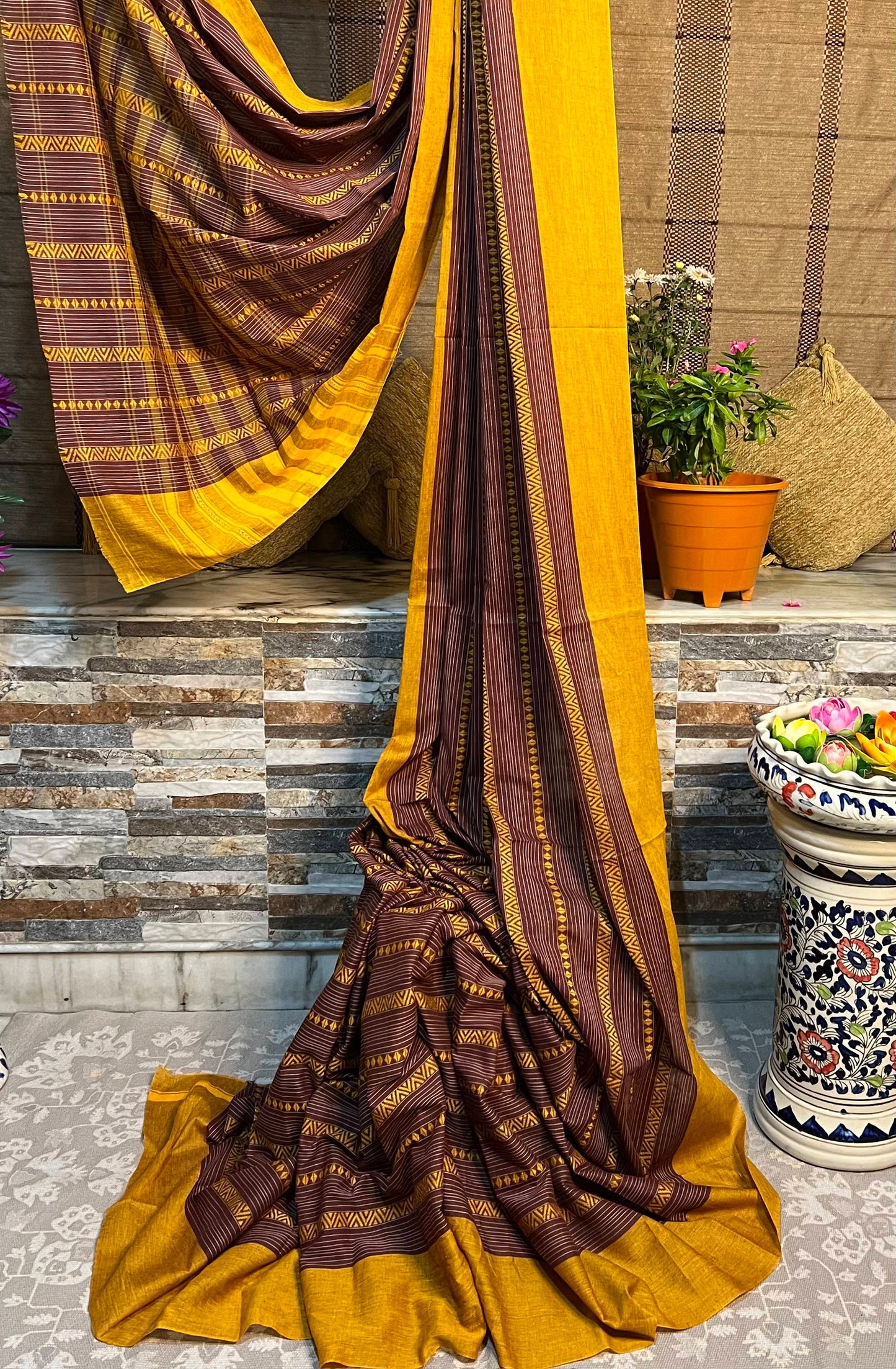 Brown - Yellow cotton handloom saree new collection