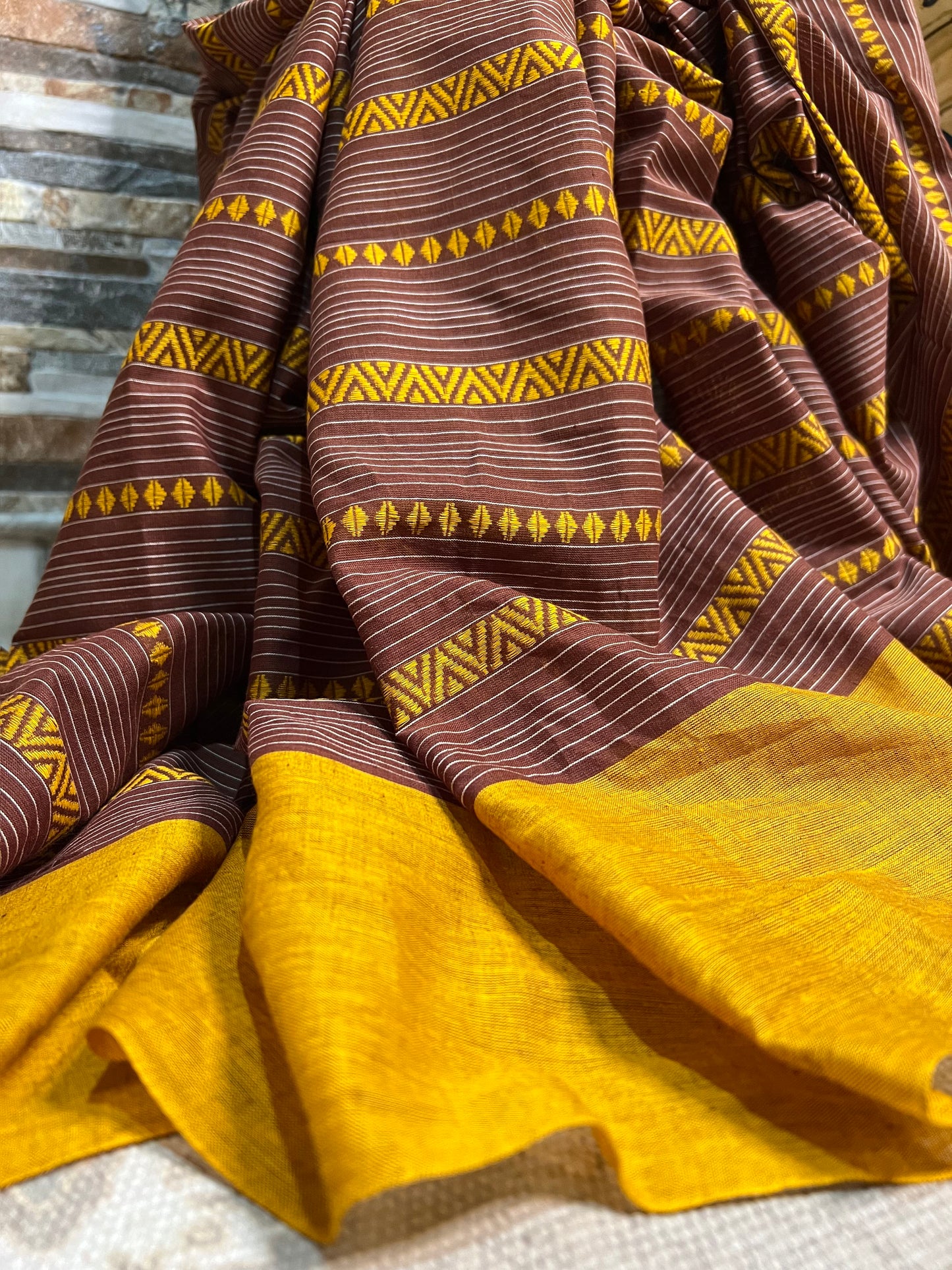 Brown - Yellow cotton handloom saree new collection