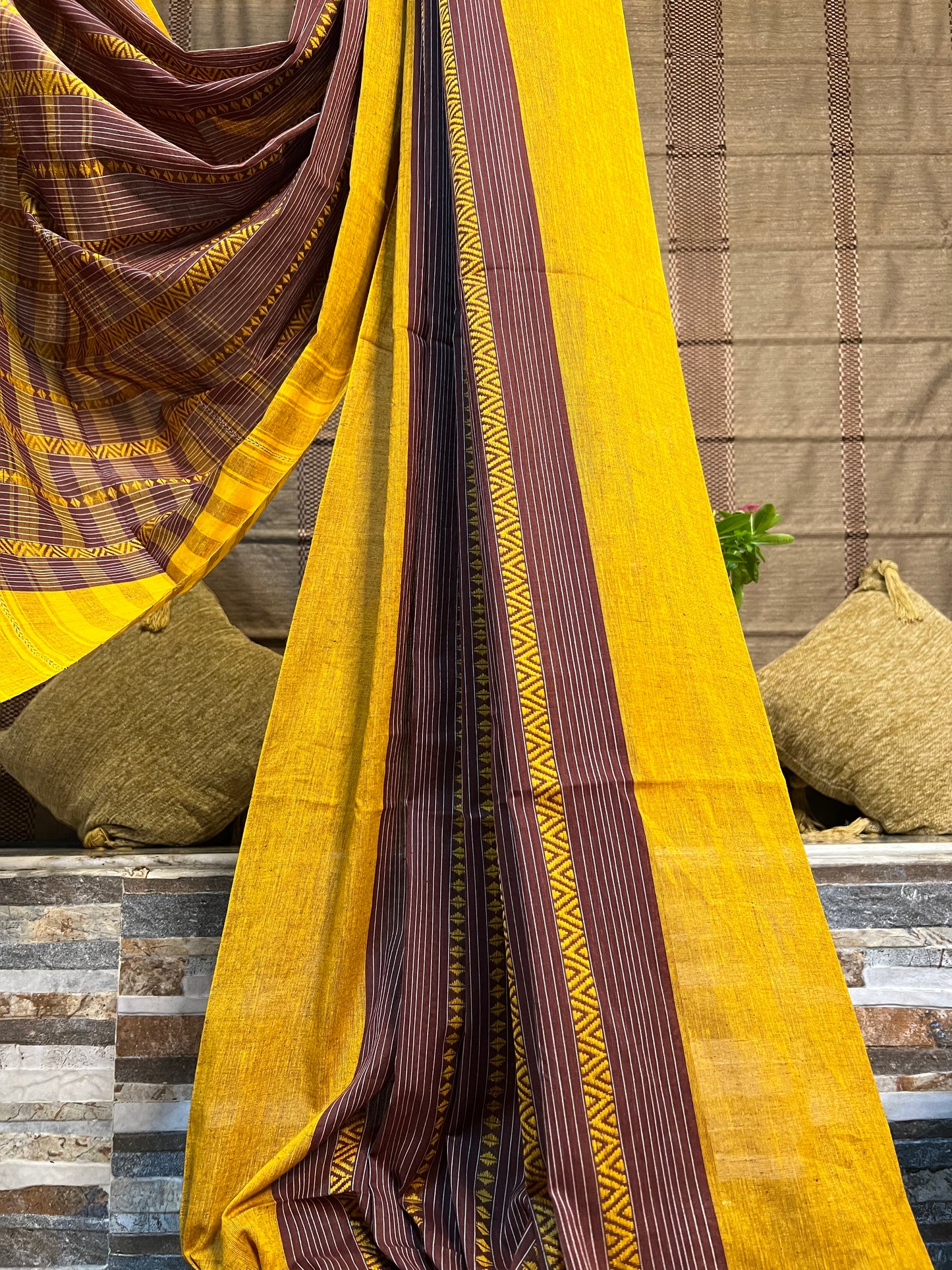 Brown - Yellow cotton handloom saree new collection