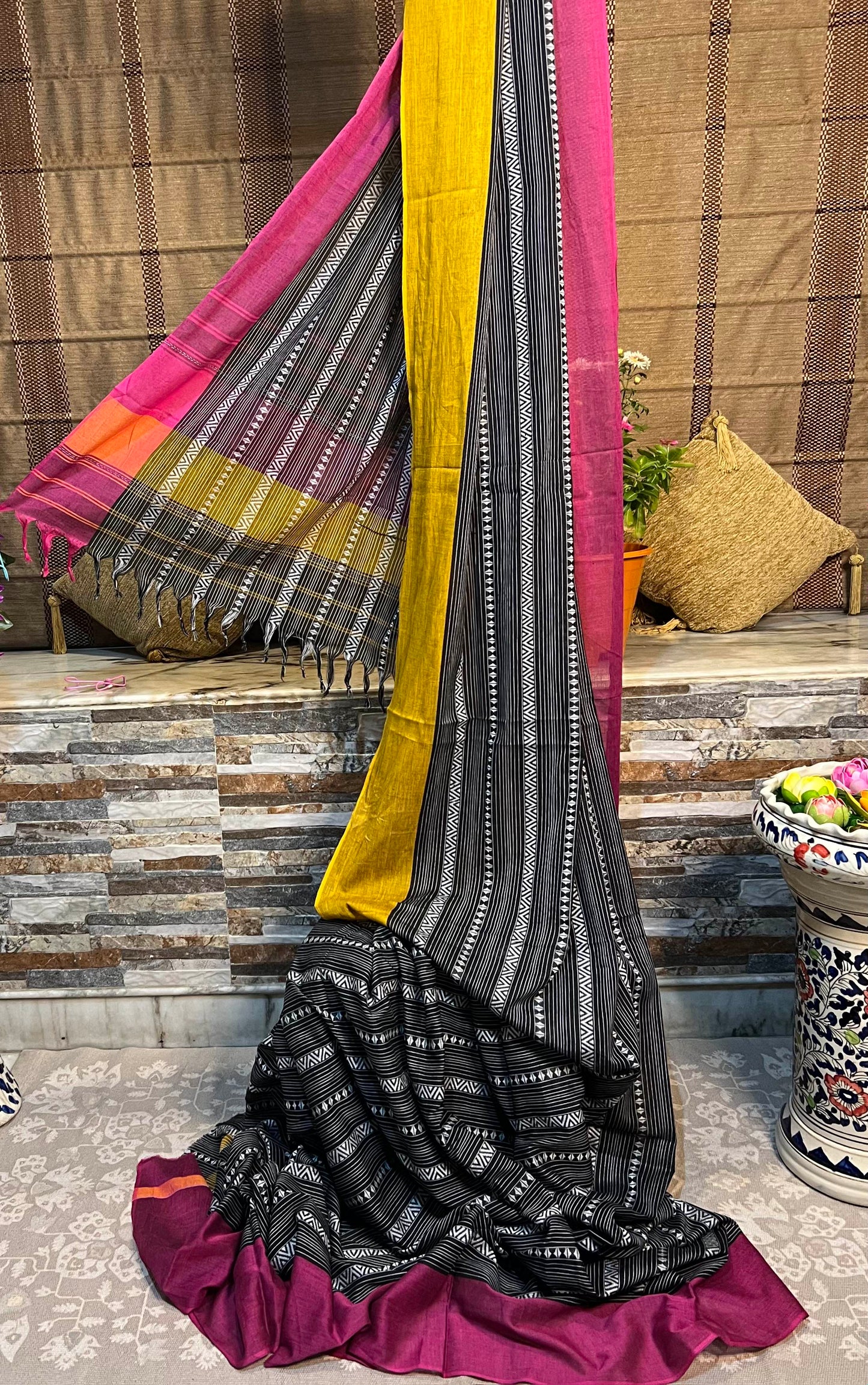 Black Pink yellow cotton handloom saree new collection