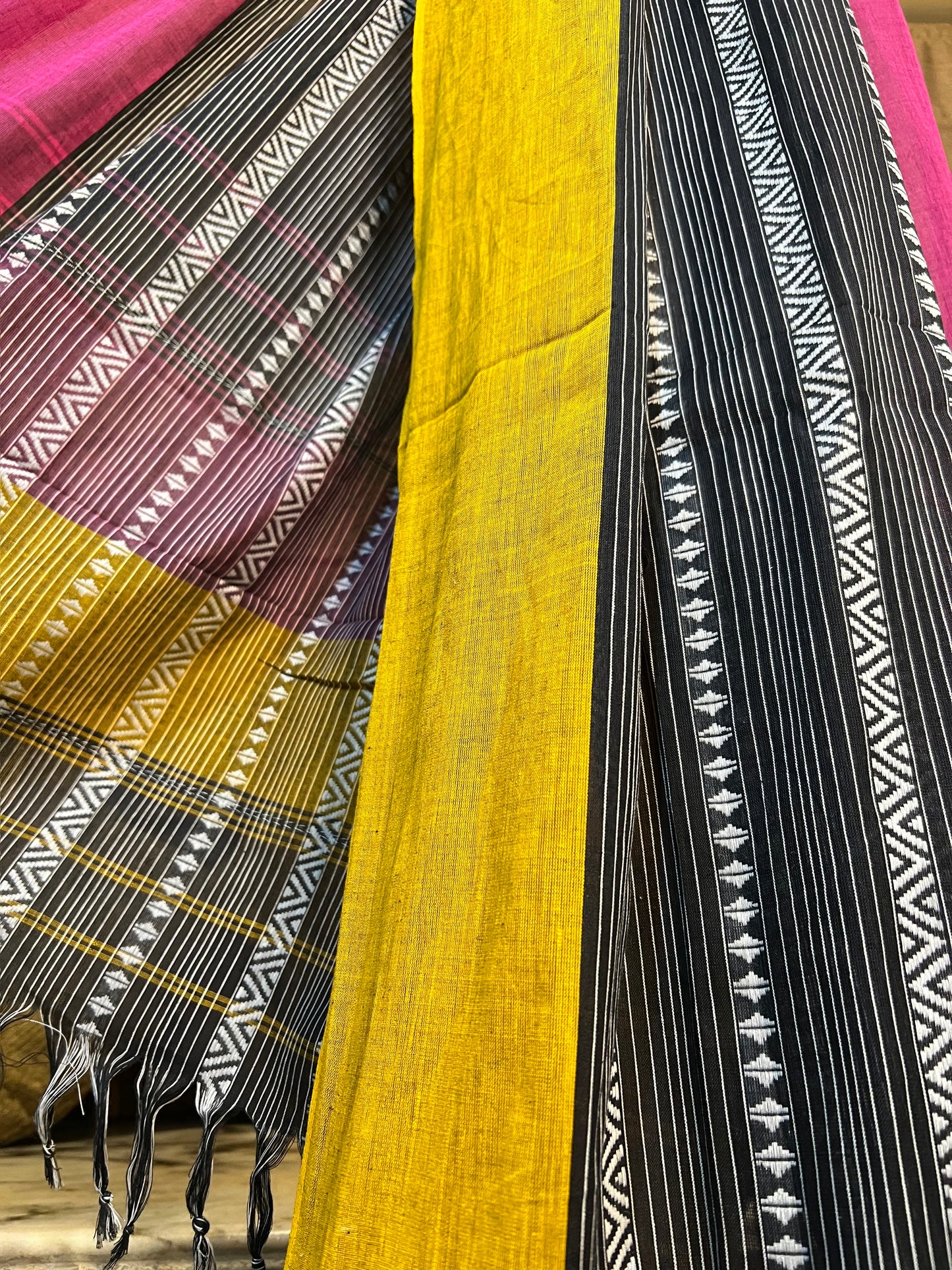 Black Pink yellow cotton handloom saree new collection
