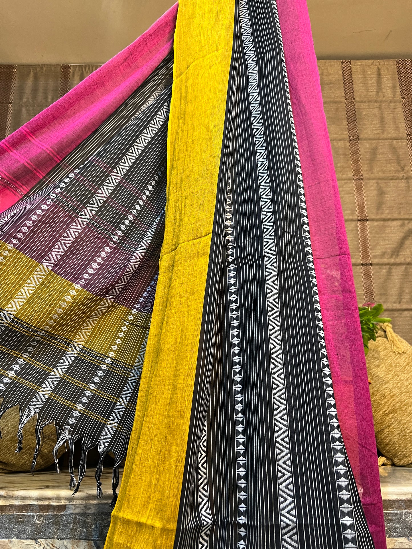 Black Pink yellow cotton handloom saree new collection
