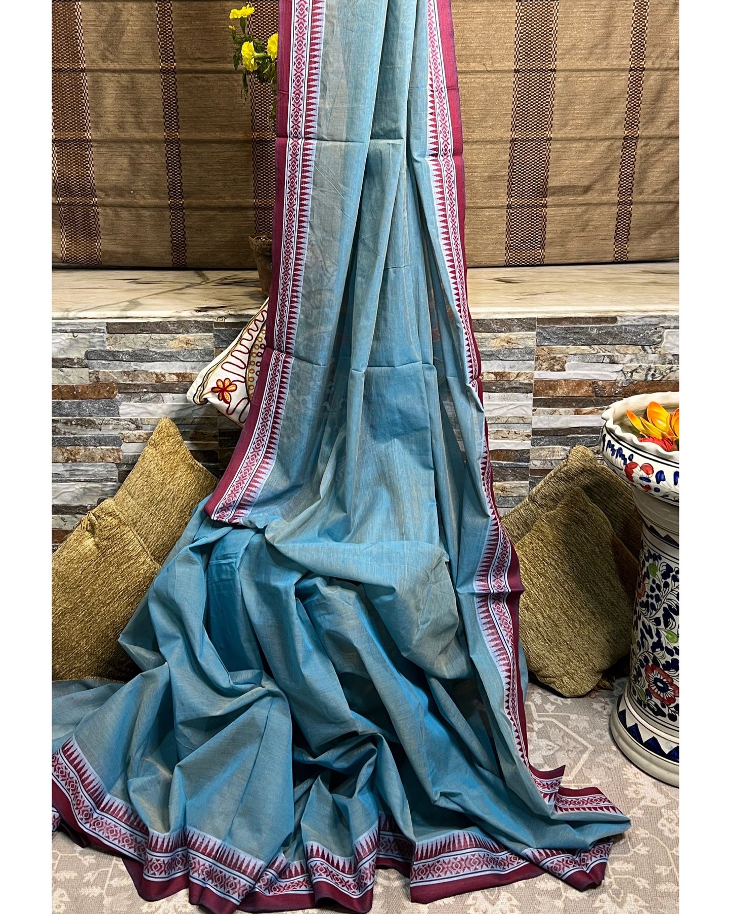 Blue - Red cotton Dhaniakhali handloom saree new collection