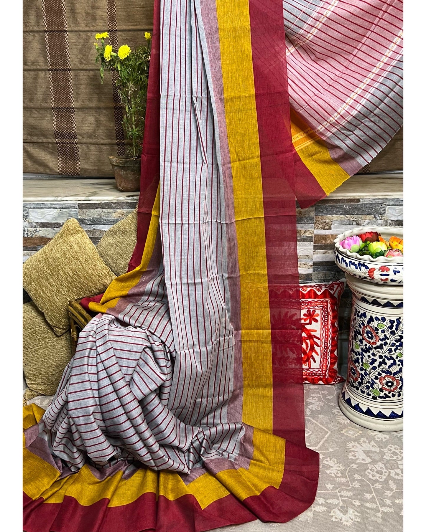 Grey yellow red cotton handloom saree