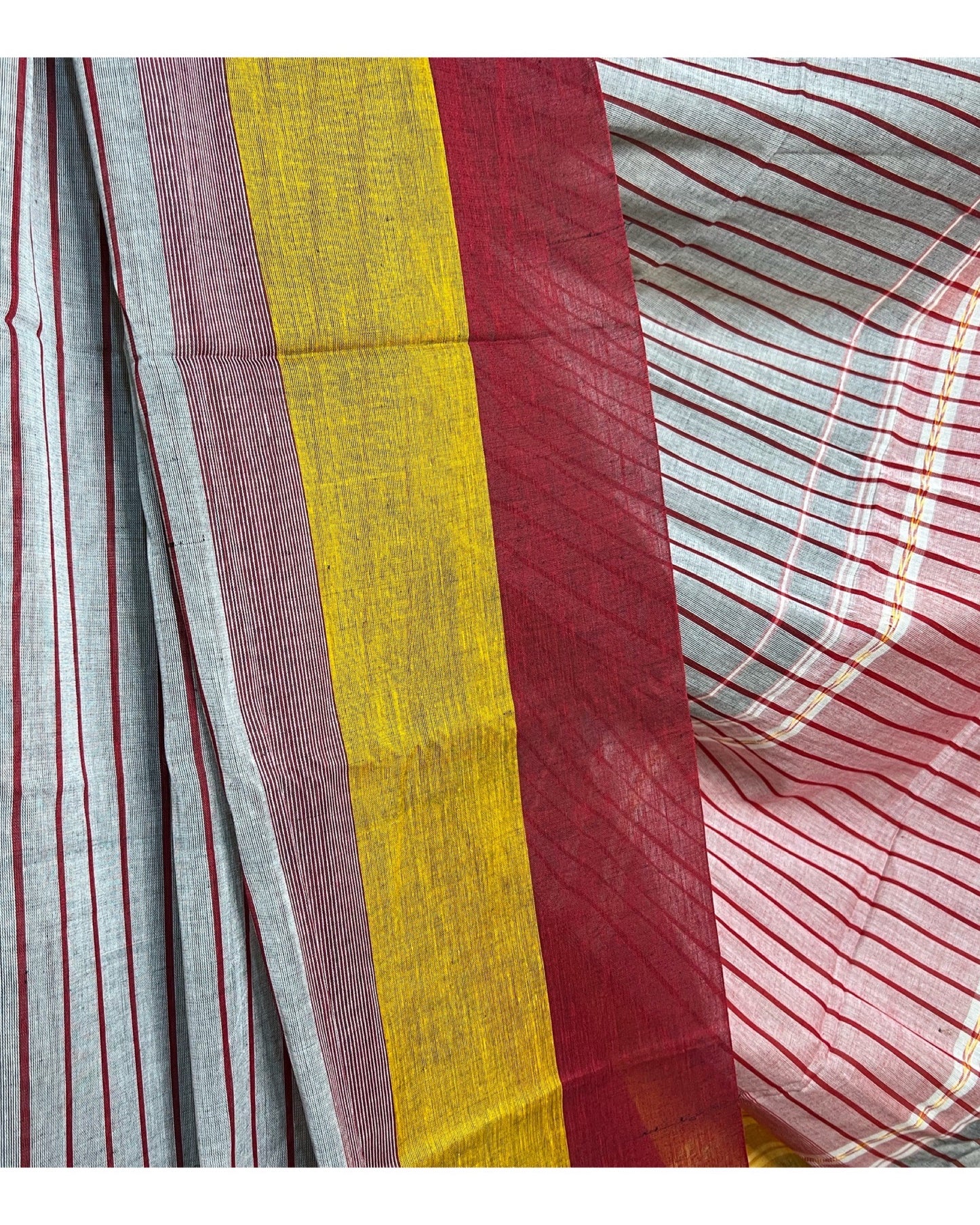 Grey yellow red cotton handloom saree