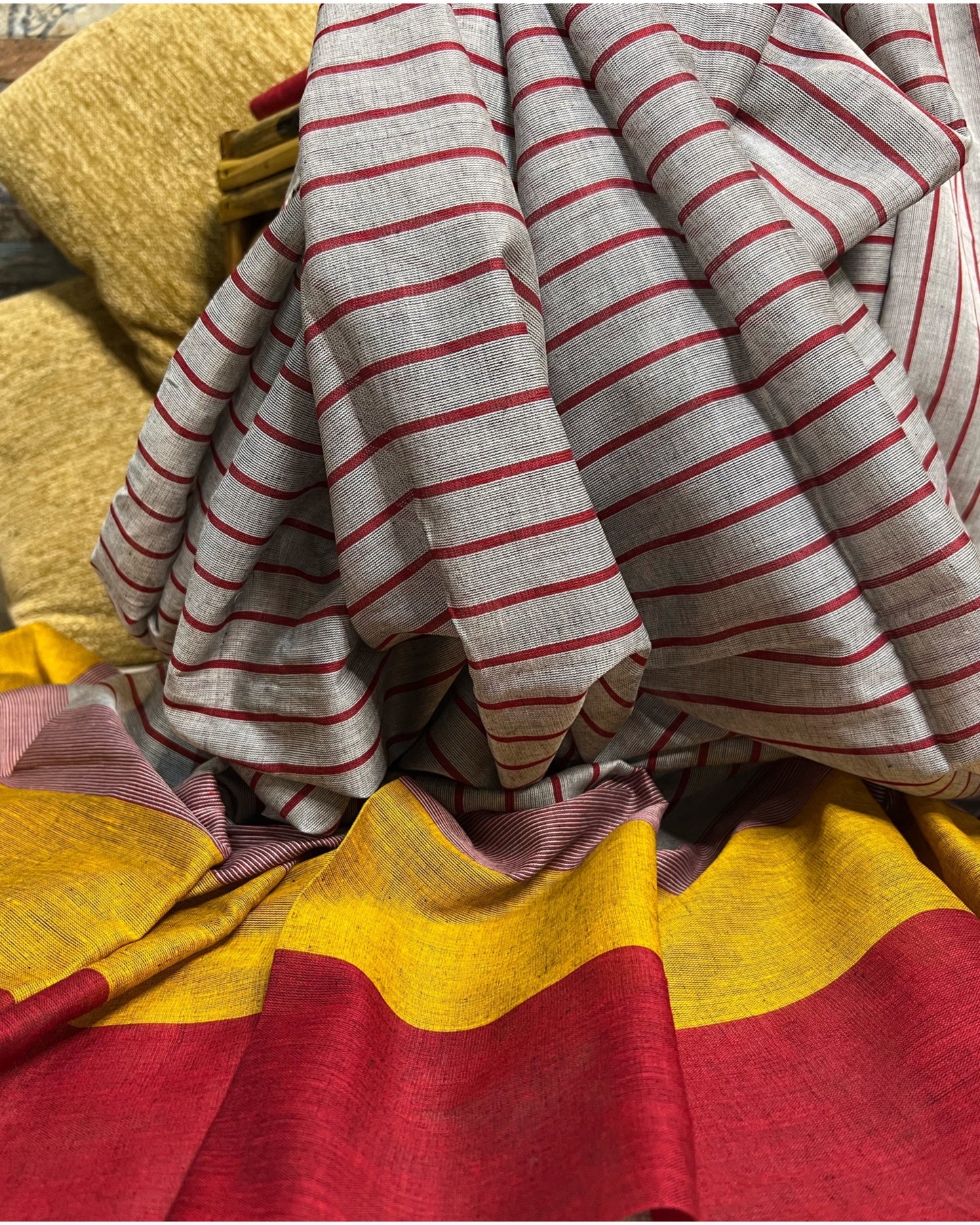 Grey yellow red cotton handloom saree