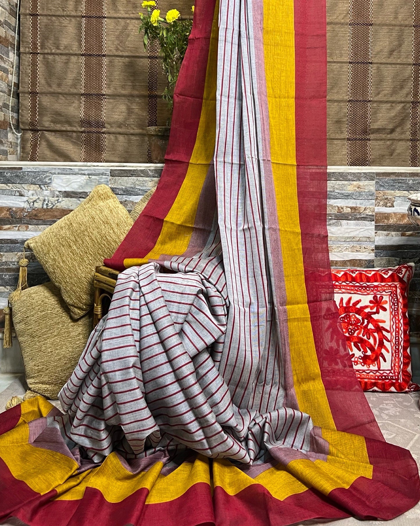 Grey yellow red cotton handloom saree