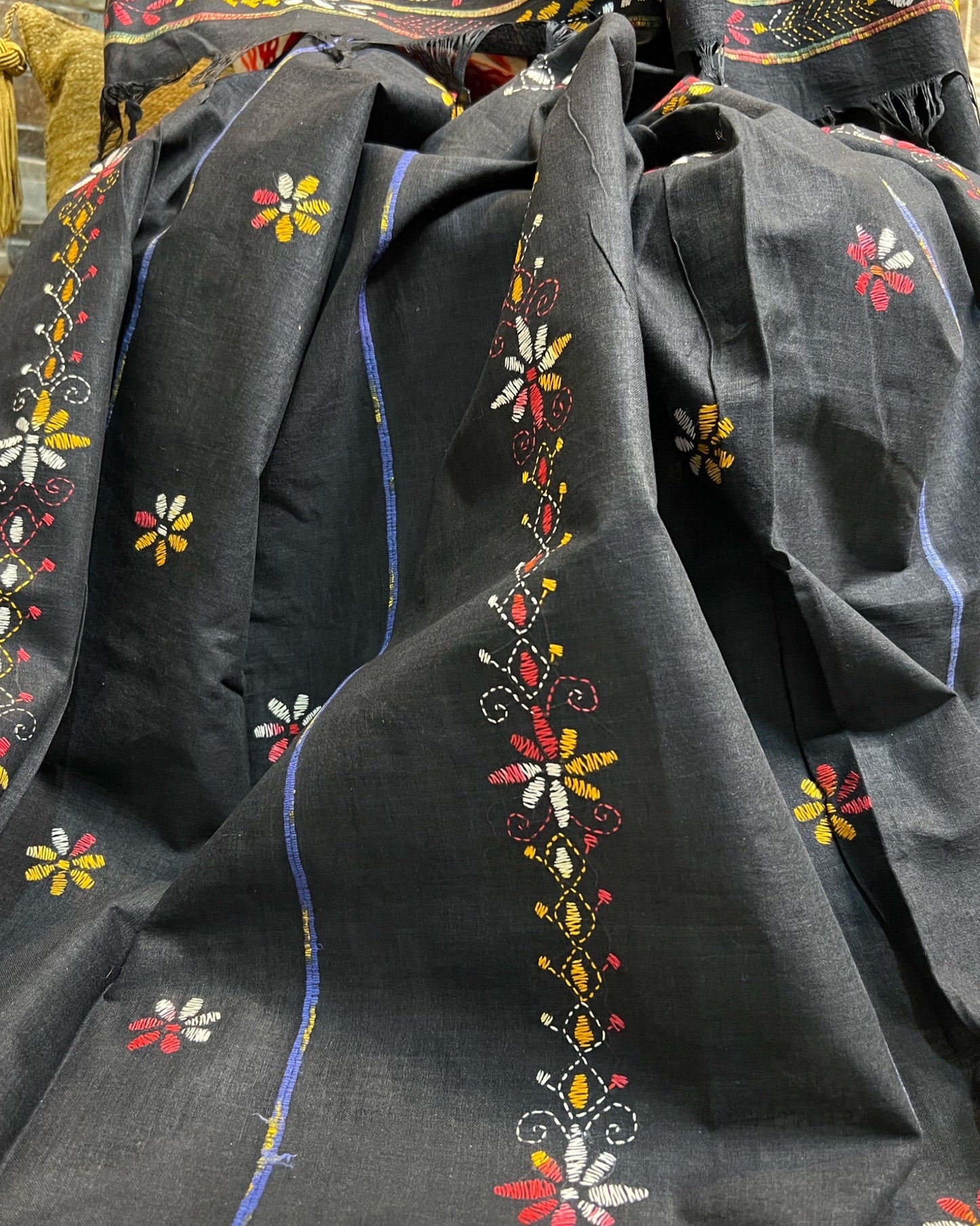 Black Khesh Cotton Kantha stitch embroidered saree in multicoloured threads