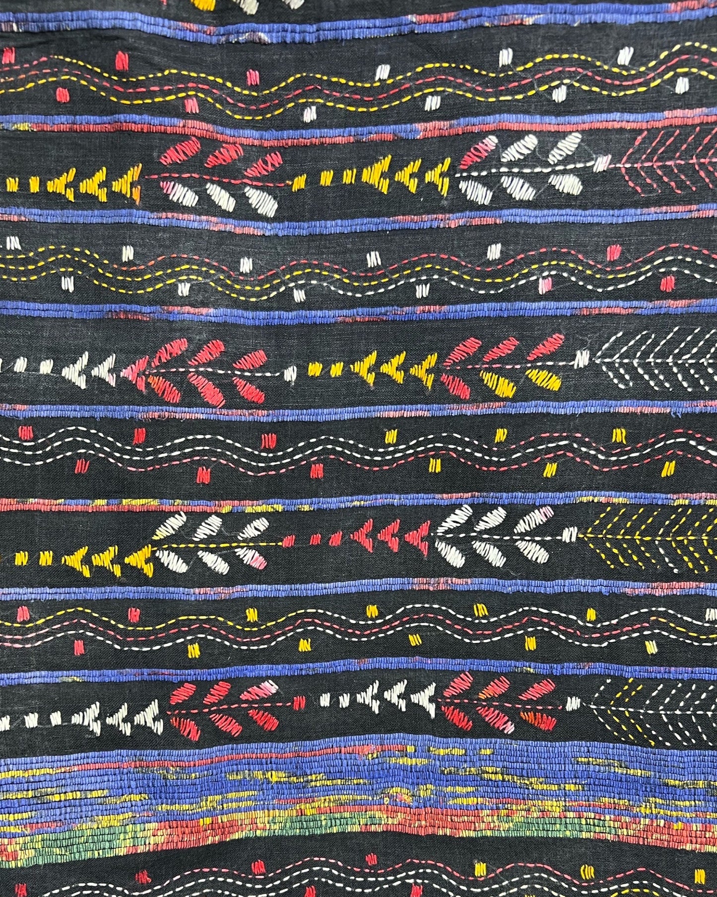 Black Khesh Cotton Kantha stitch embroidered saree in multicoloured threads