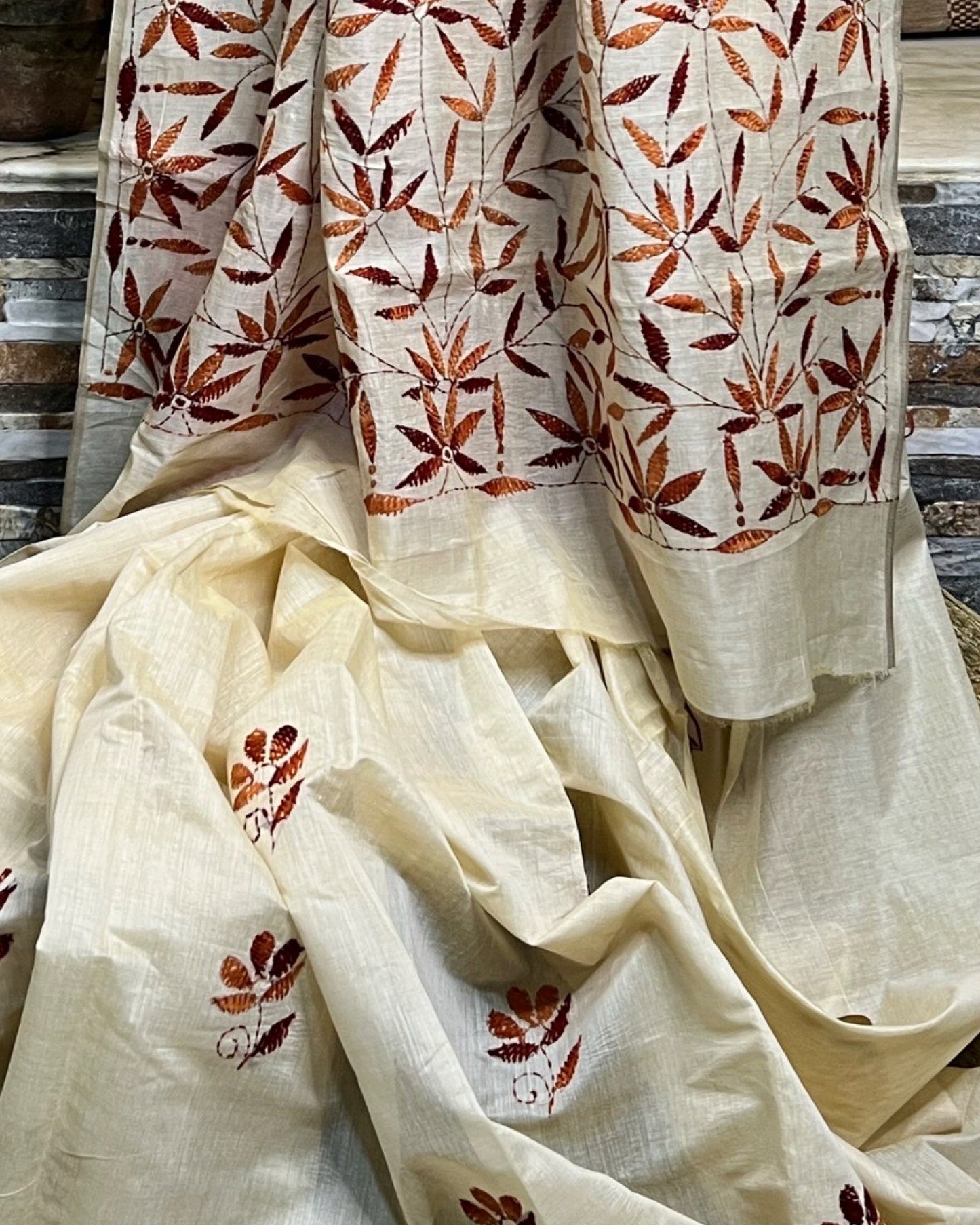 White Chanderi Cotton Kantha stitch embroidered saree in brown threads and golden border