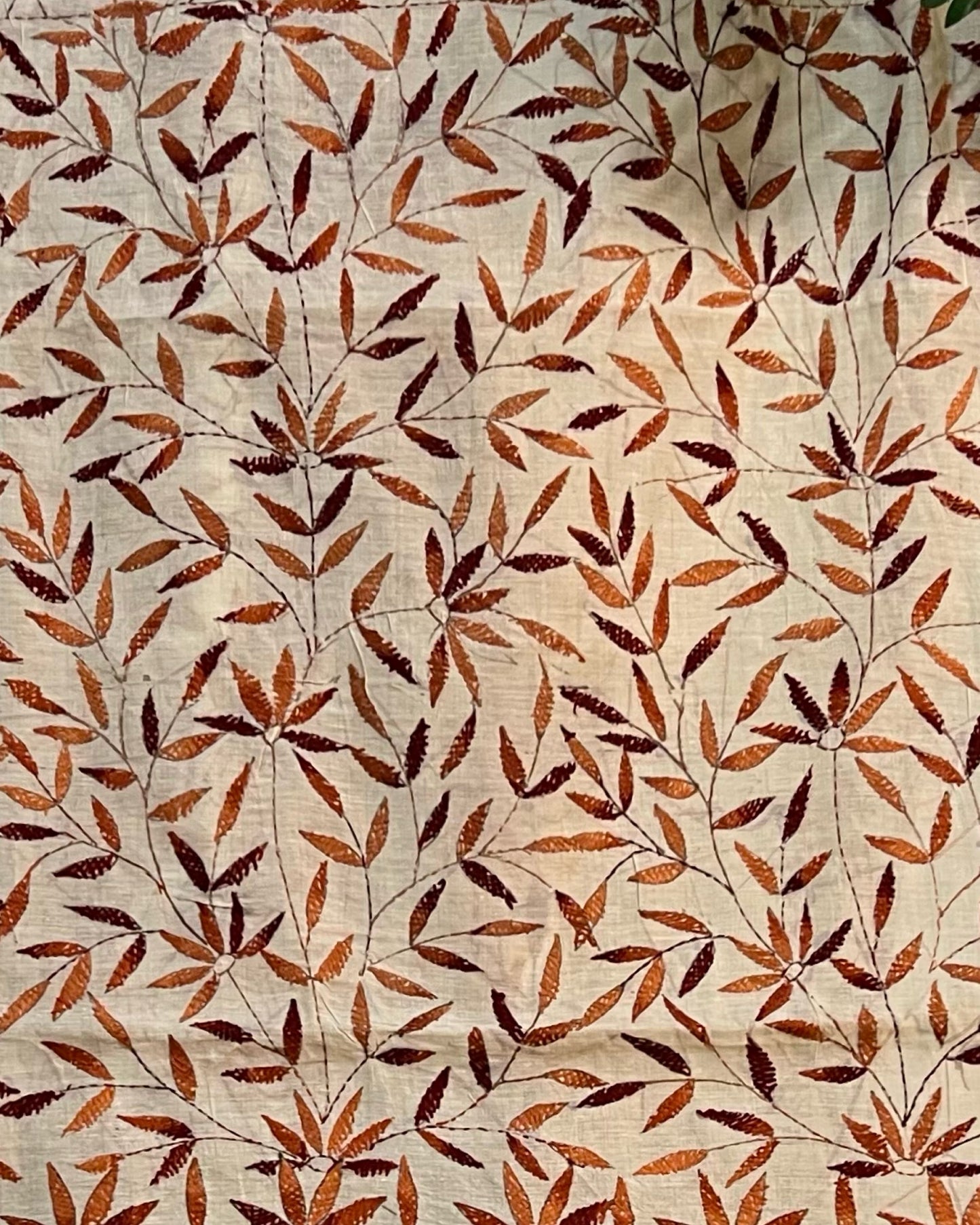 White Chanderi Cotton Kantha stitch embroidered saree in brown threads and golden border