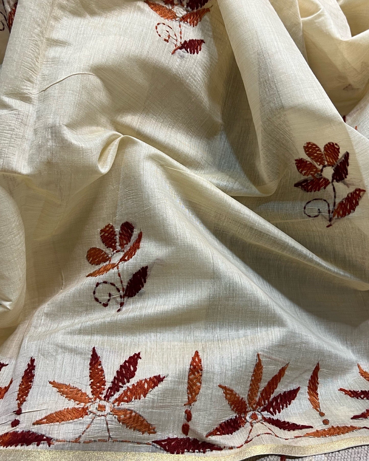 White Chanderi Cotton Kantha stitch embroidered saree in brown threads and golden border