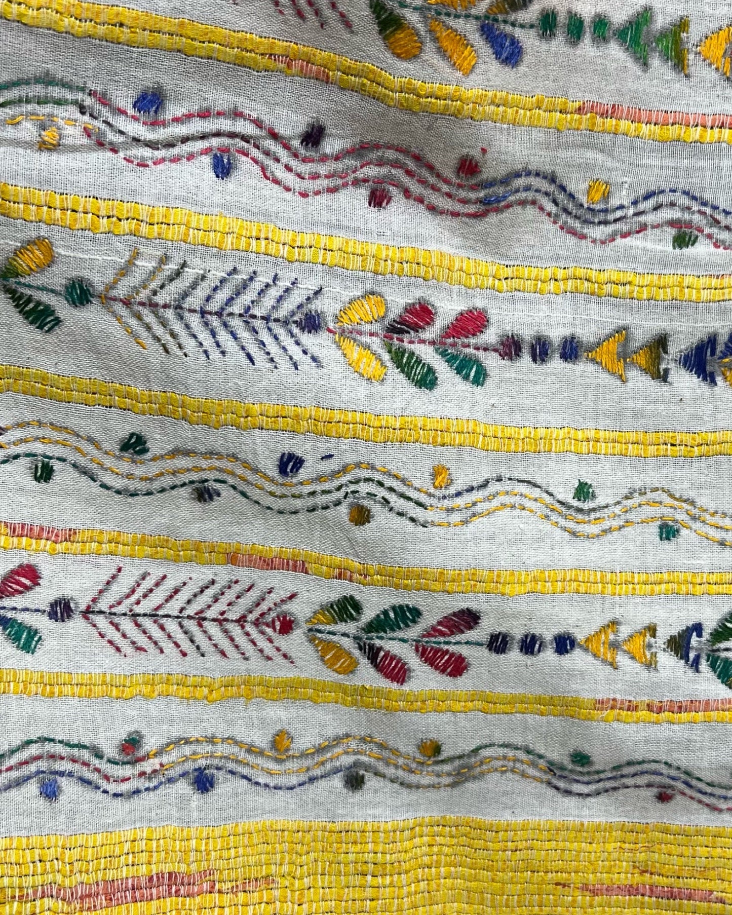 White Khesh Cotton Kantha stitch embroidered saree in multicoloured threads
