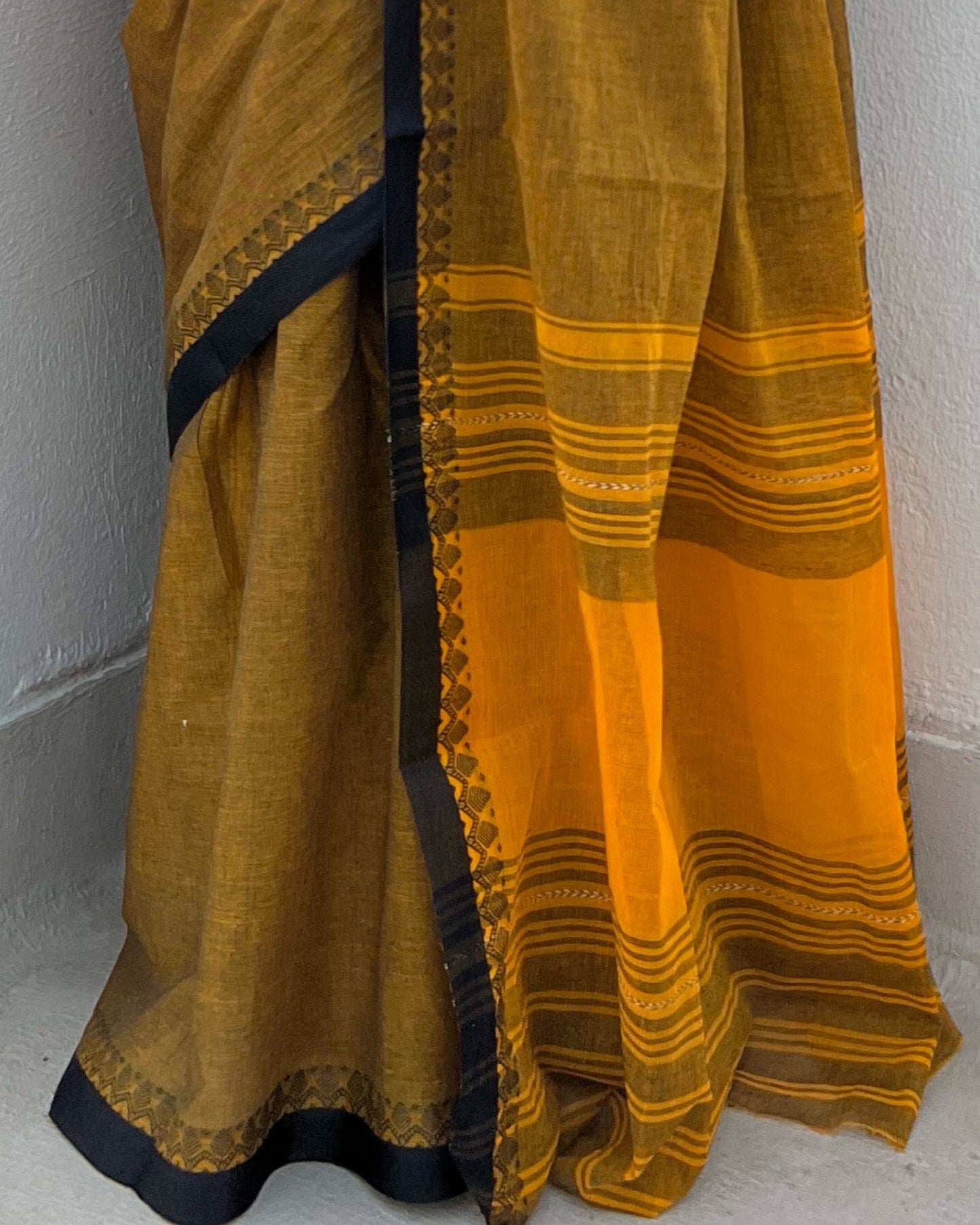 Mustard yellow-Black soft and comfortable Khadi cotton saree
